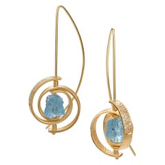 Dangle Earrings in Gold with Rough Aquamarines and Pave Diamonds