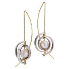 Dangle Earrings in Sterling Silver, 14 Karat Ear Wire, Akoya Pearls + Diamonds