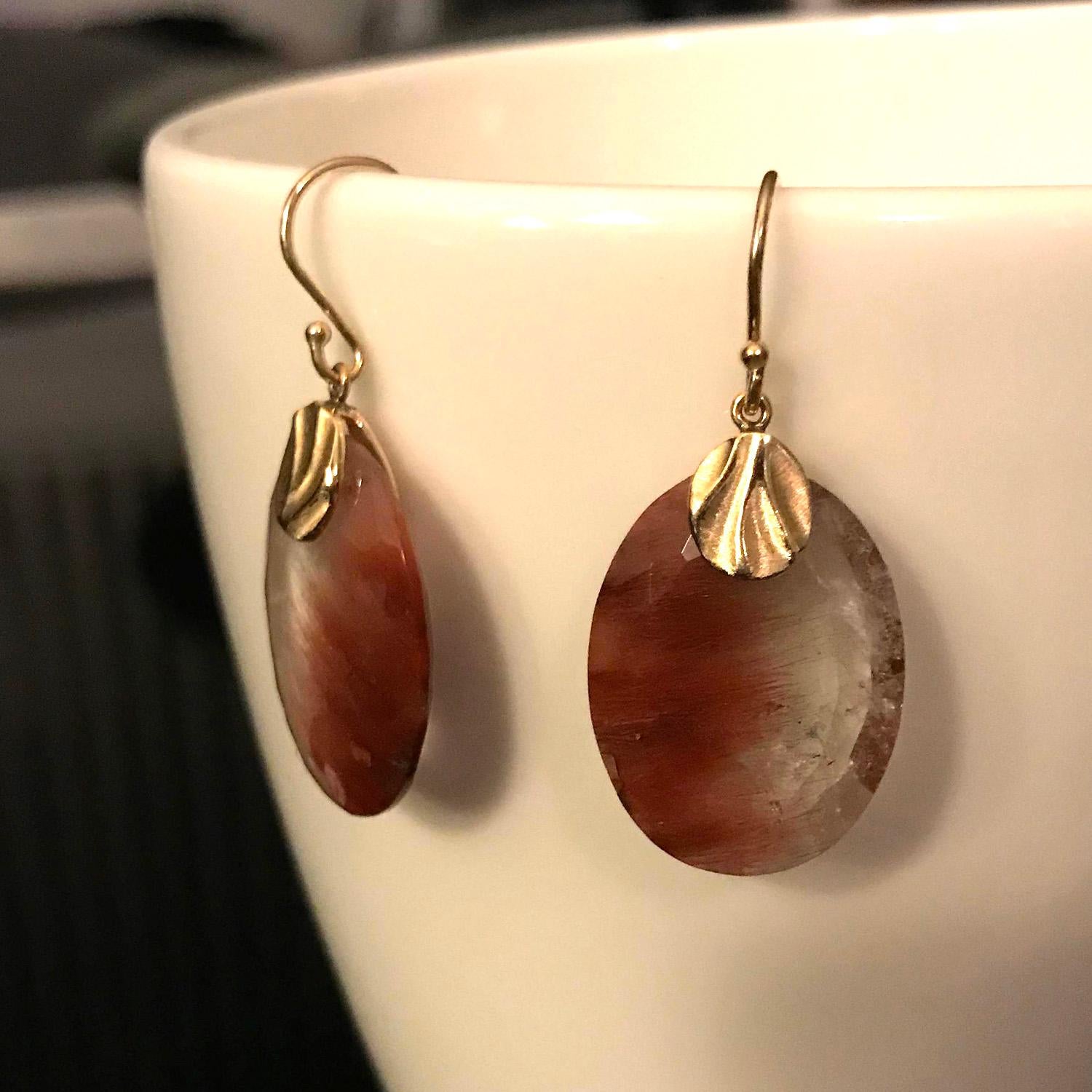 Contemporary Dangle Earrings with 29.27 Carat Red Rutilated Quartz and a 14 Karat Gold Cap