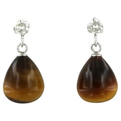 Dangle earrings with Cat's Eye and brilliant cut diamonds up to 0.40ct 18k gold