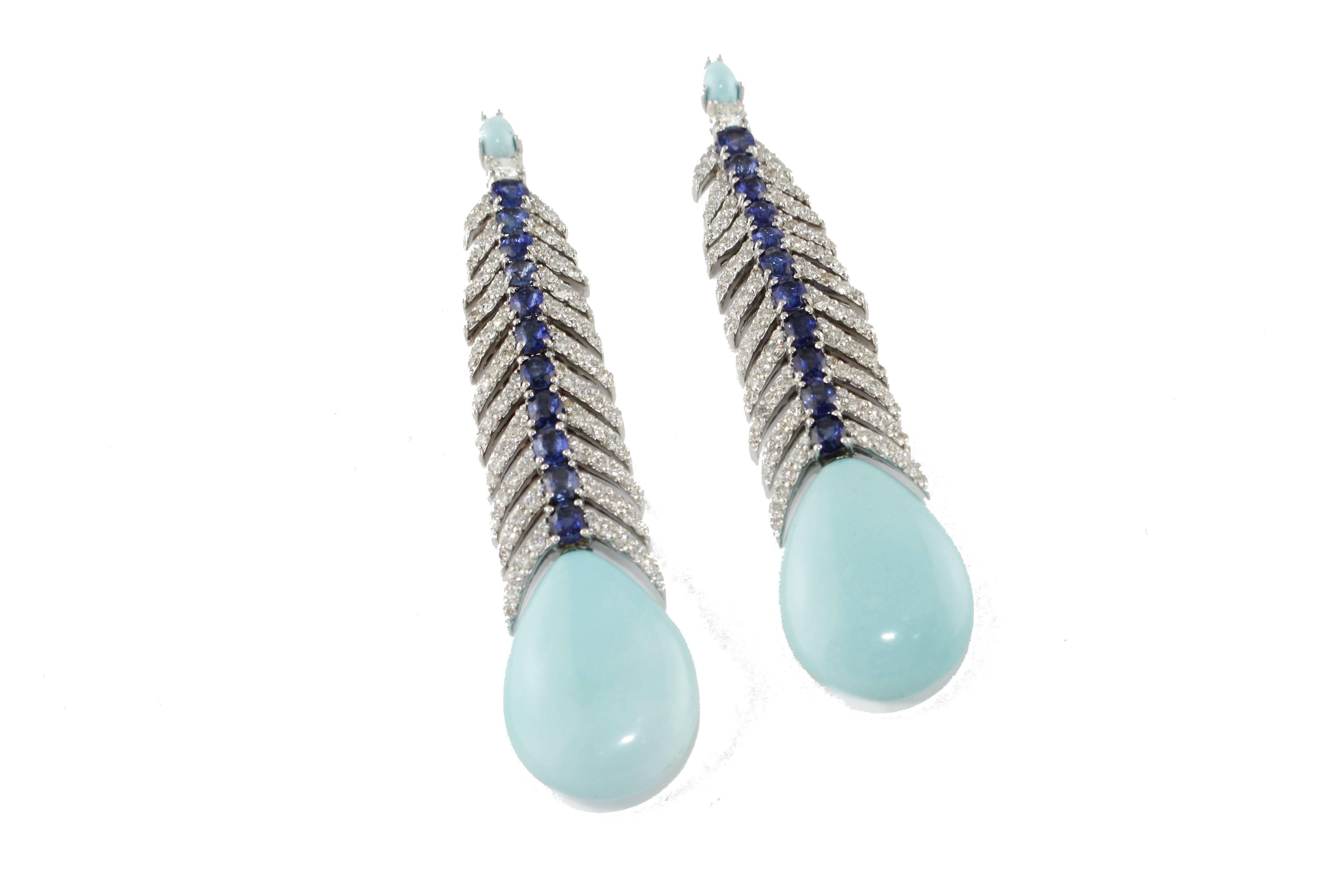 Dangle Earrings with Diamonds, Sapphires and Turquoise 1