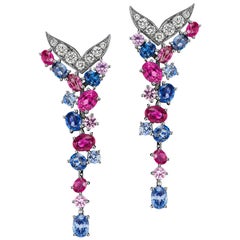 JAG New York Pink and Blue Sapphire, Ruby, Diamond Platinum Earrings