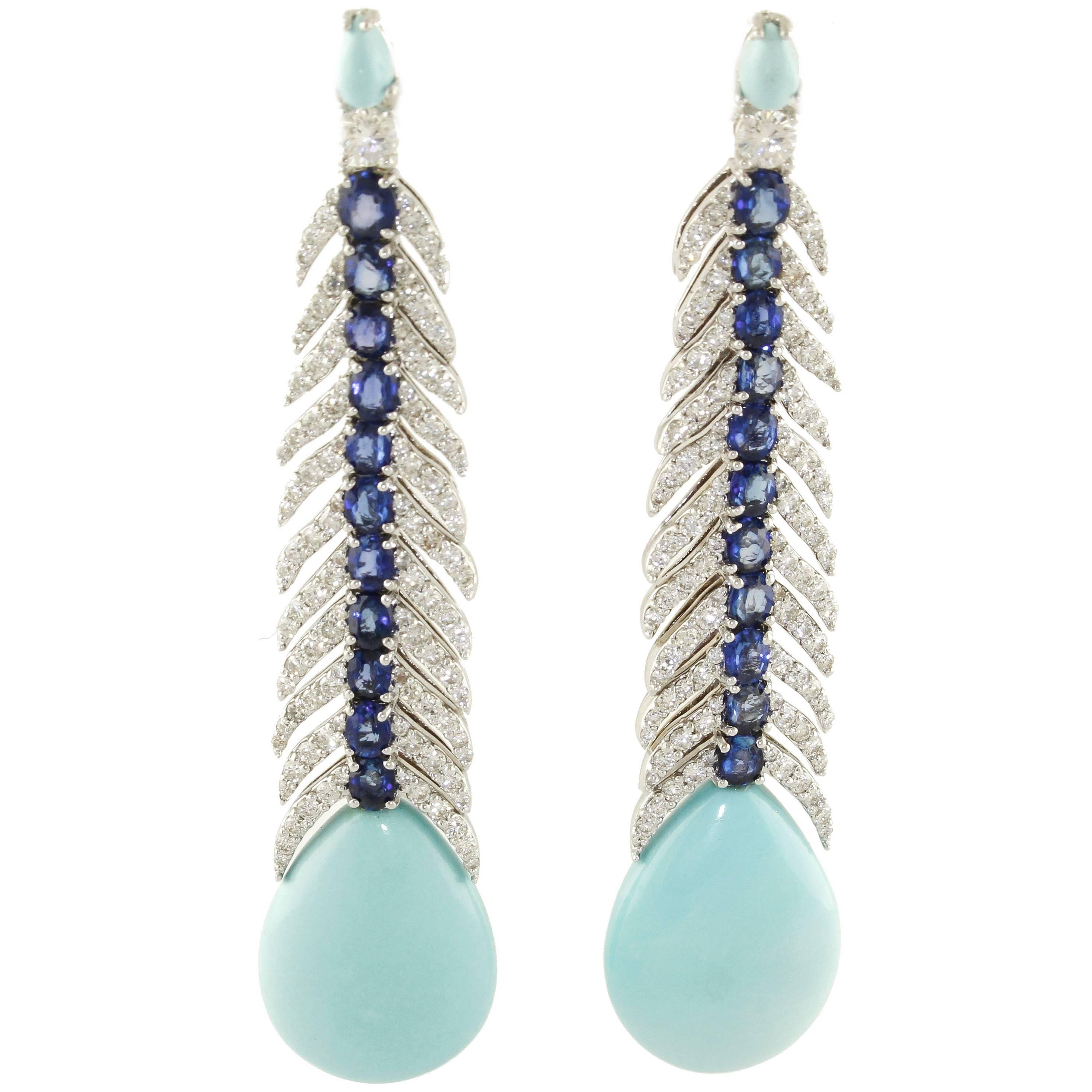 Dangle Earrings with Diamonds, Sapphires and Turquoise