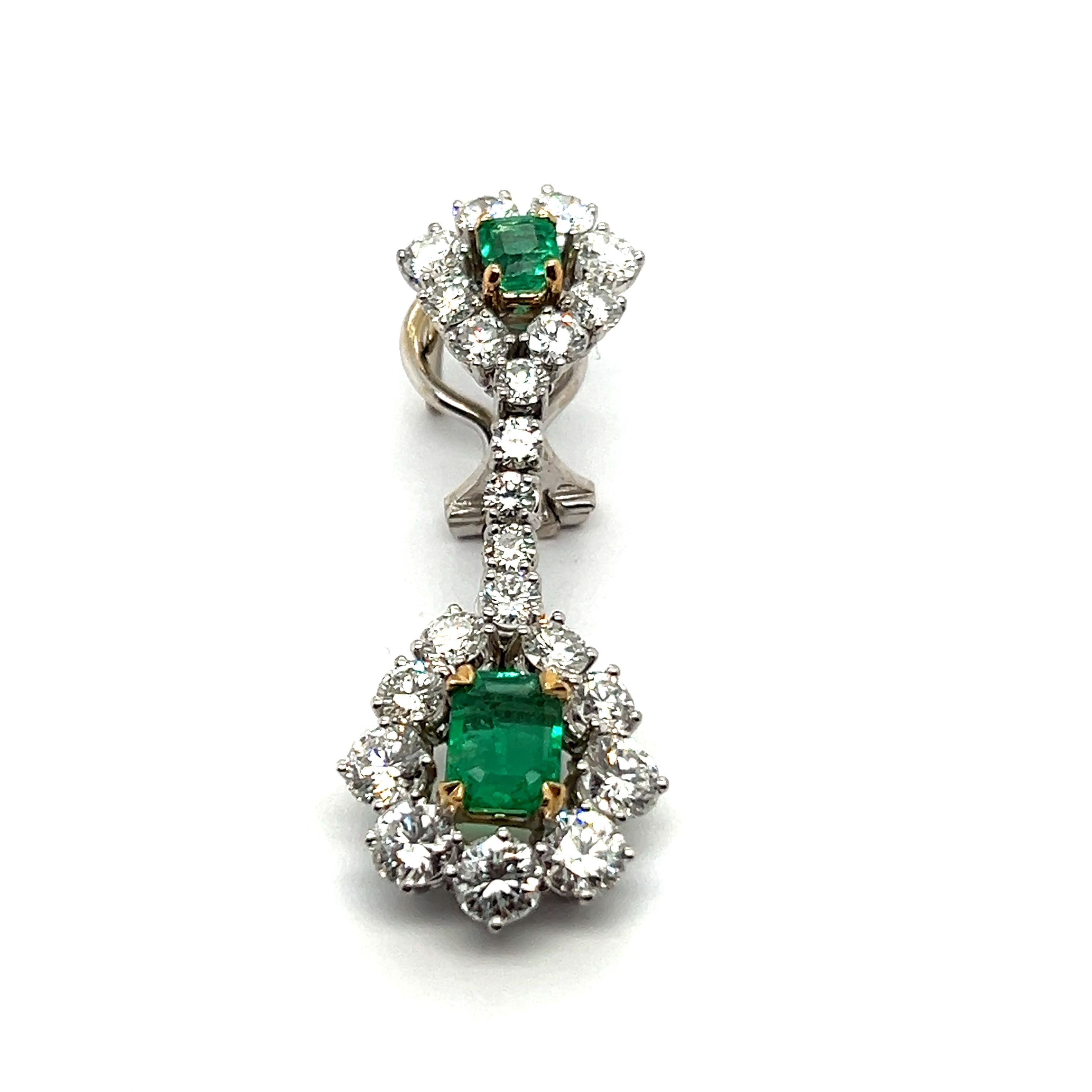 Women's or Men's Dangle Earrings with Emeralds & Diamonds in  18 Karat White Gold For Sale
