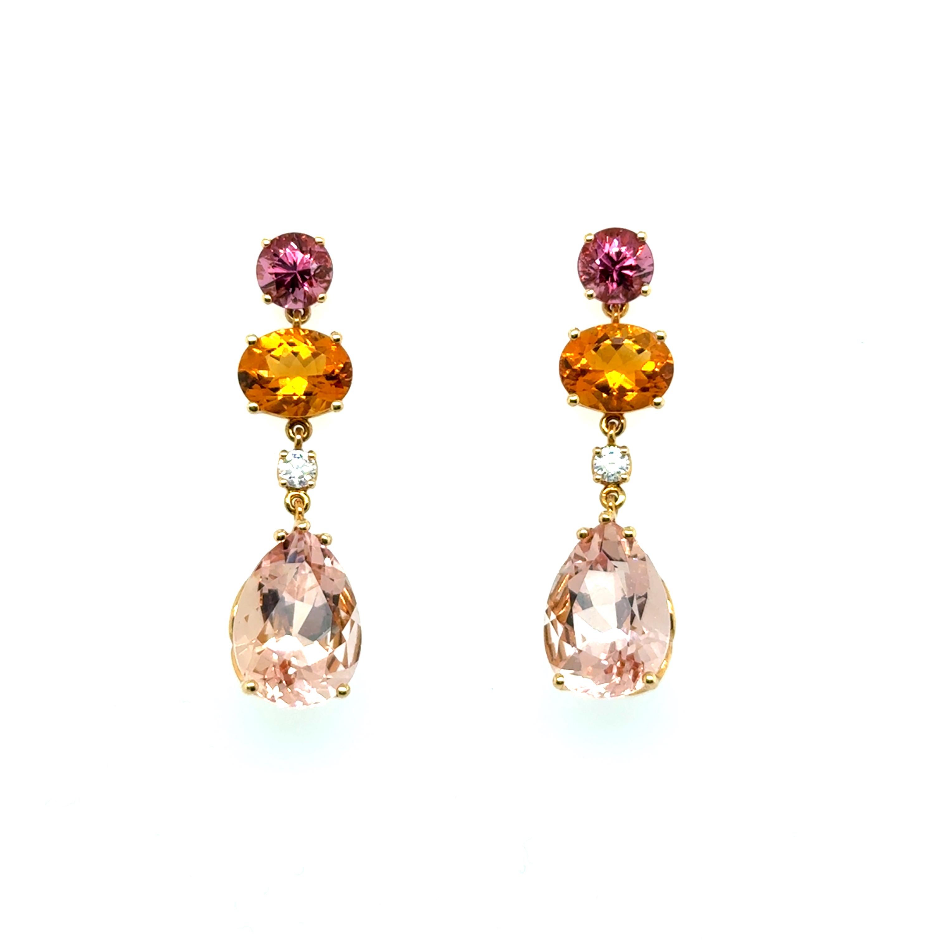 Pear Cut Dangle Earrings with Gemstones in 18 Karat Red Gold by Lohri For Sale