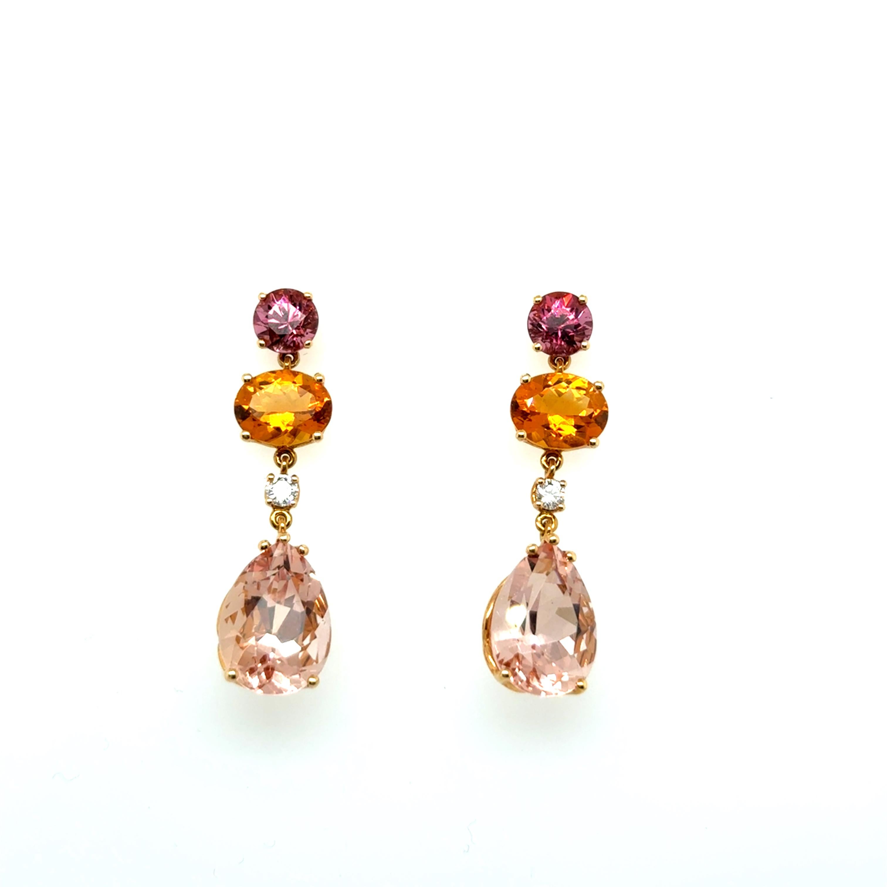 Women's or Men's Dangle Earrings with Gemstones in 18 Karat Red Gold by Lohri For Sale
