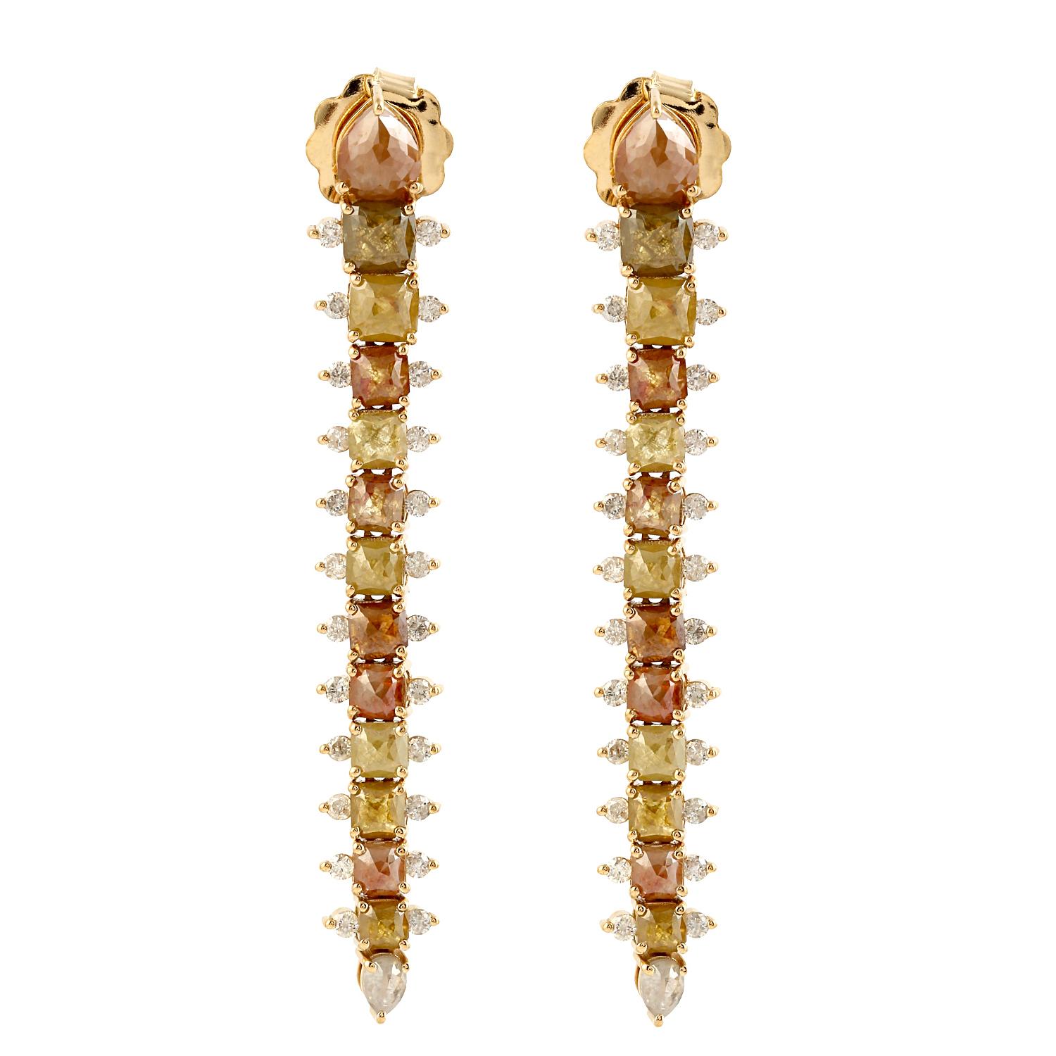 Mixed Cut Tapered designer ice diamonds long earrings in 18k rose gold For Sale