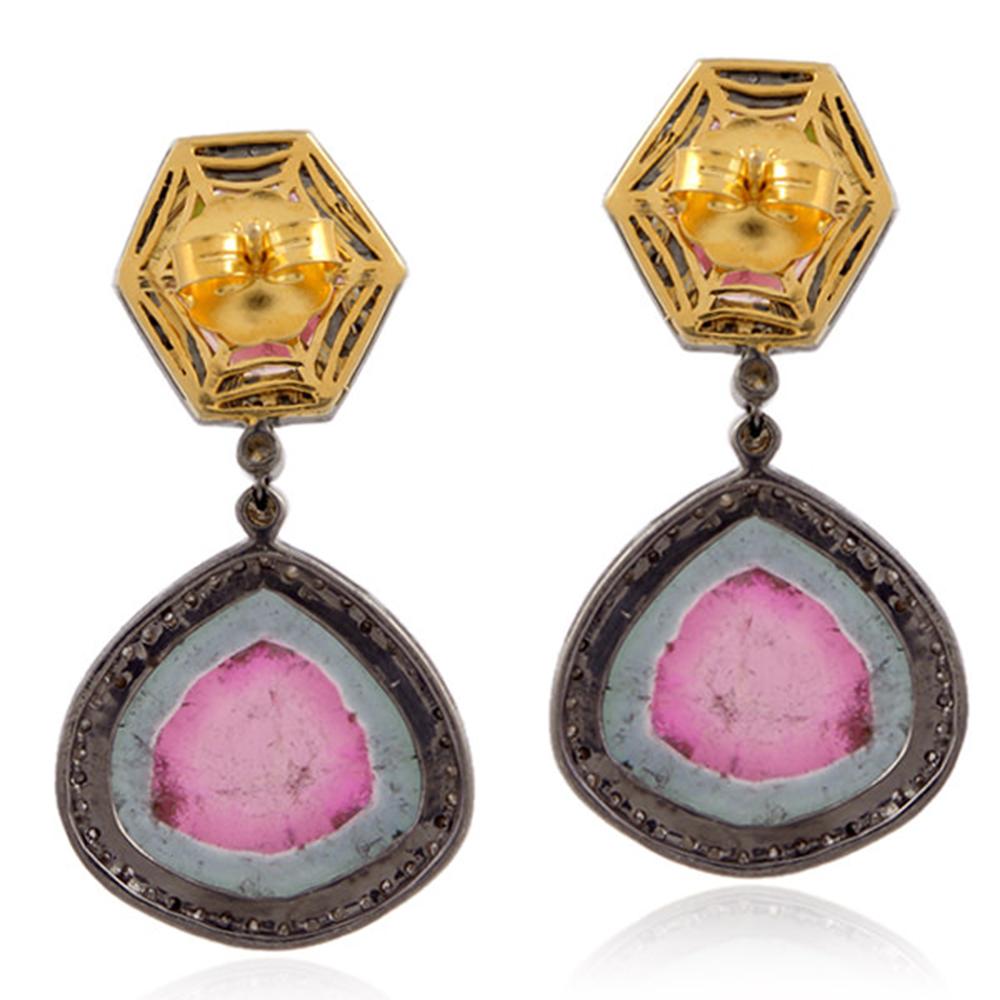 Art Deco Dangle Earrings with Tourmaline & Pave Diamond Made in 18k Gold & Silver For Sale