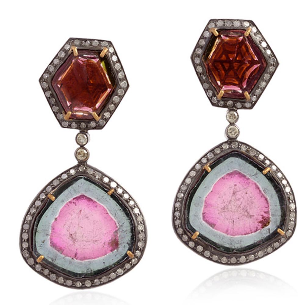 Art Deco Dangle Earrings with Tourmaline & Pave Diamond Made in 18k Gold & Silver For Sale