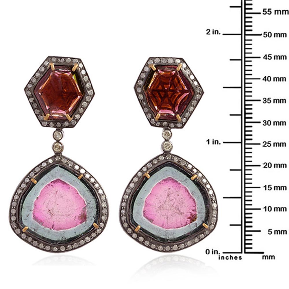 Round Cut Dangle Earrings with Tourmaline & Pave Diamond Made in 18k Gold & Silver For Sale