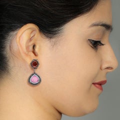 Dangle Earrings with Tourmaline & Pave Diamond Made in 18k Gold & Silver