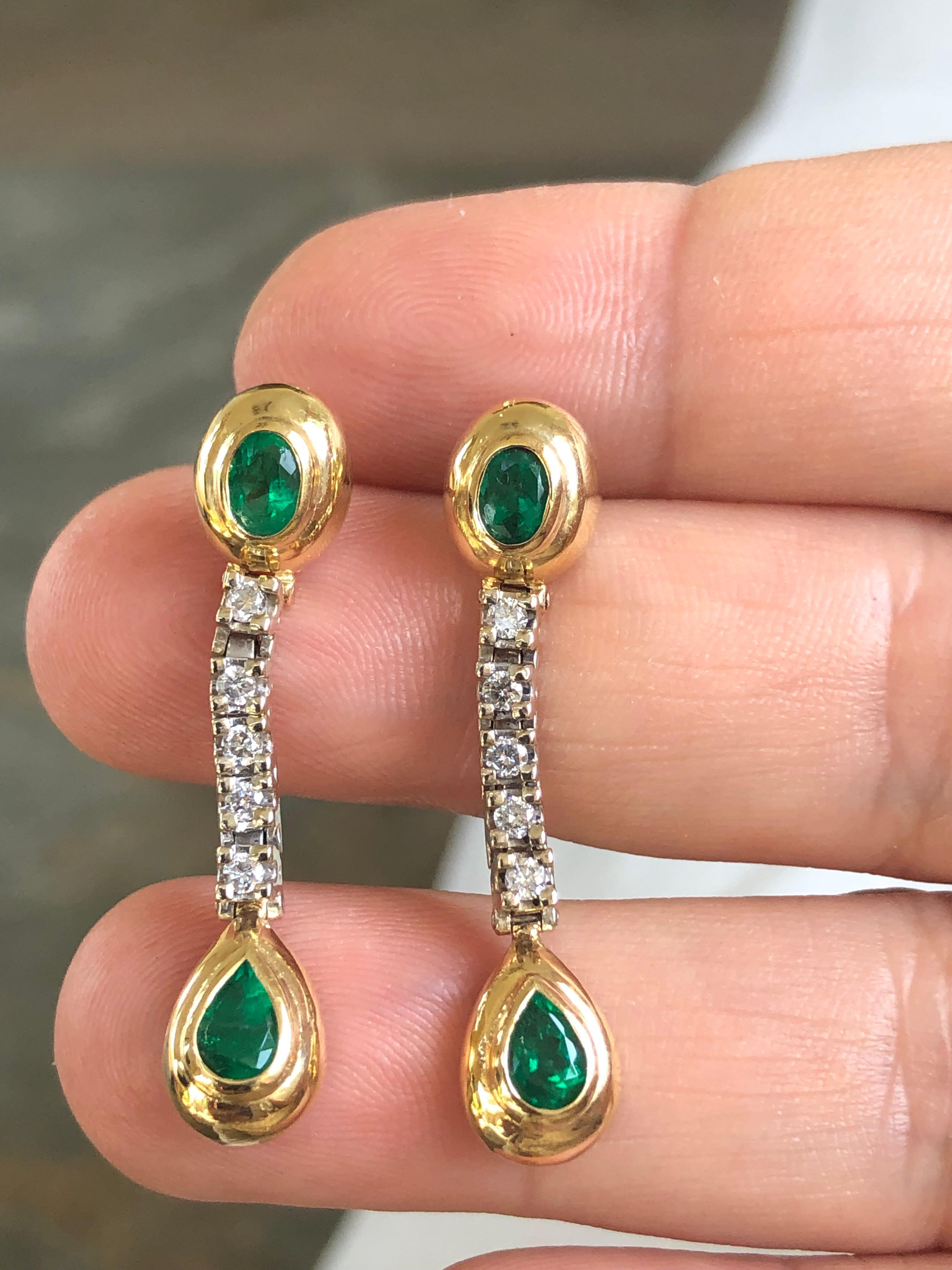 Pear Cut Dangle Emerald Diamond Estate Earrings For Sale
