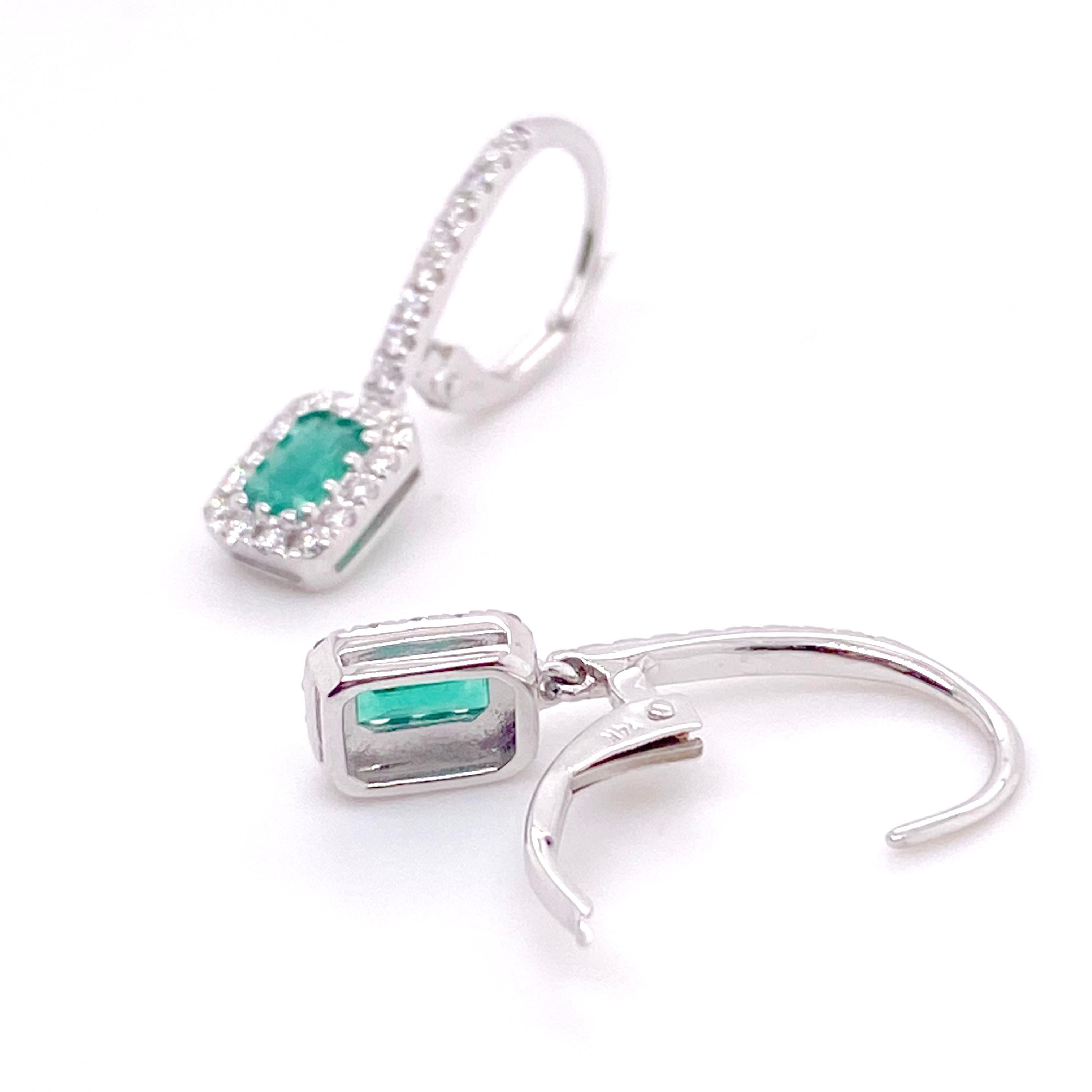 Contemporary Dangle Emerald Earrings with 48 Natural Diamond Halo in White Gold, Emeralds