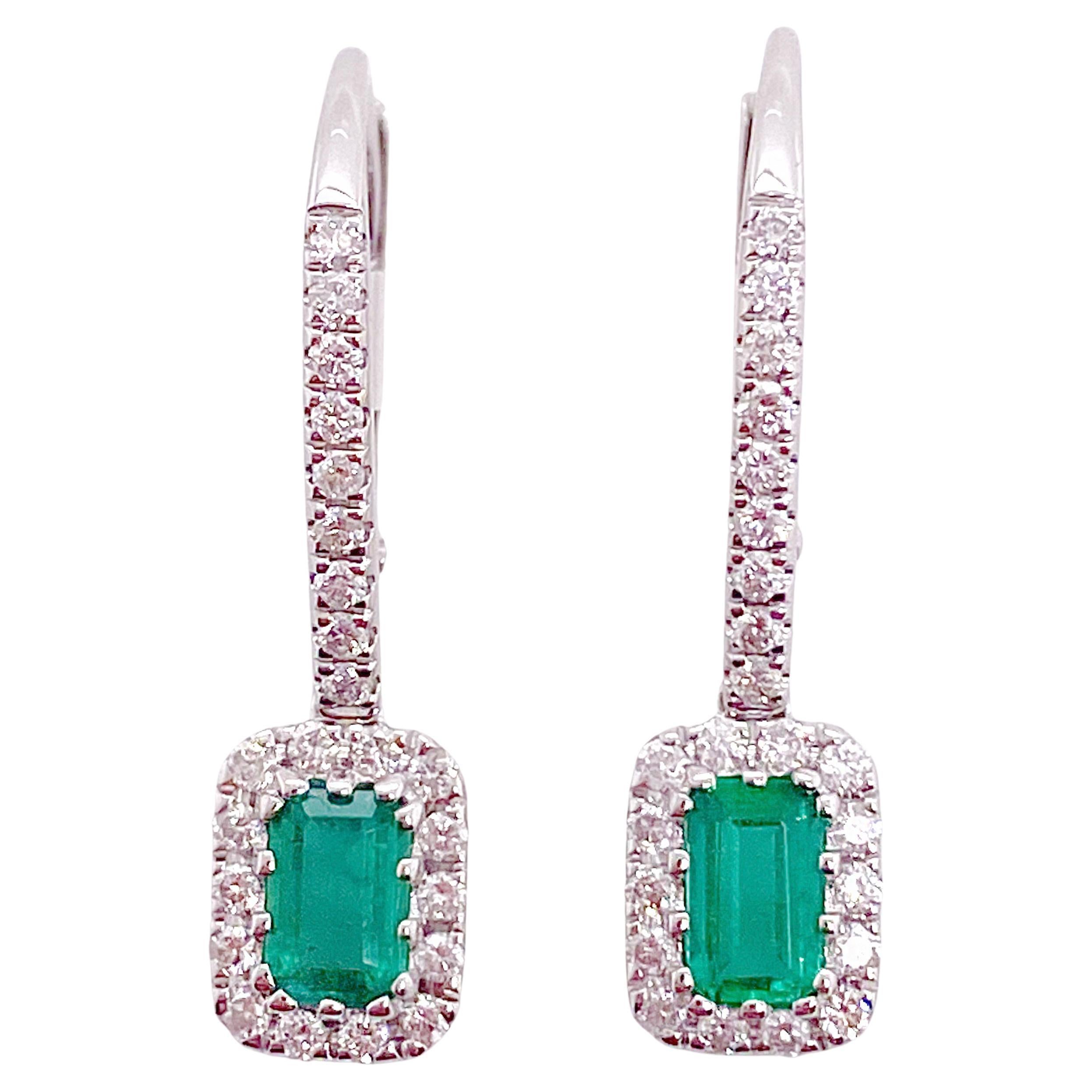 Dangle Emerald Earrings with 48 Natural Diamond Halo in White Gold, Emeralds