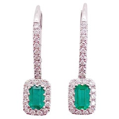 Dangle Emerald Earrings with 48 Natural Diamond Halo in White Gold, Emeralds
