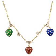 Dangle Enamel Heart Diamond Necklace 18 Karat in Stock