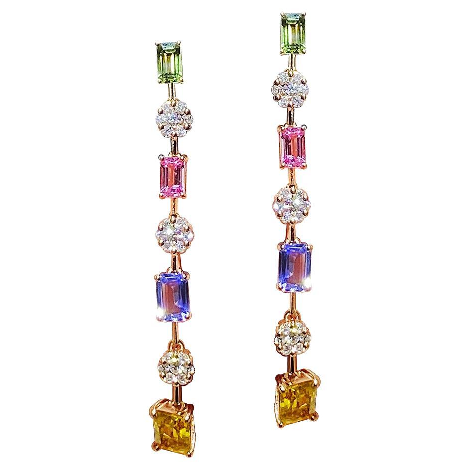 Dangle Everyday Multi Sapphire Yellow Gold 18K Earrings for Her For Sale