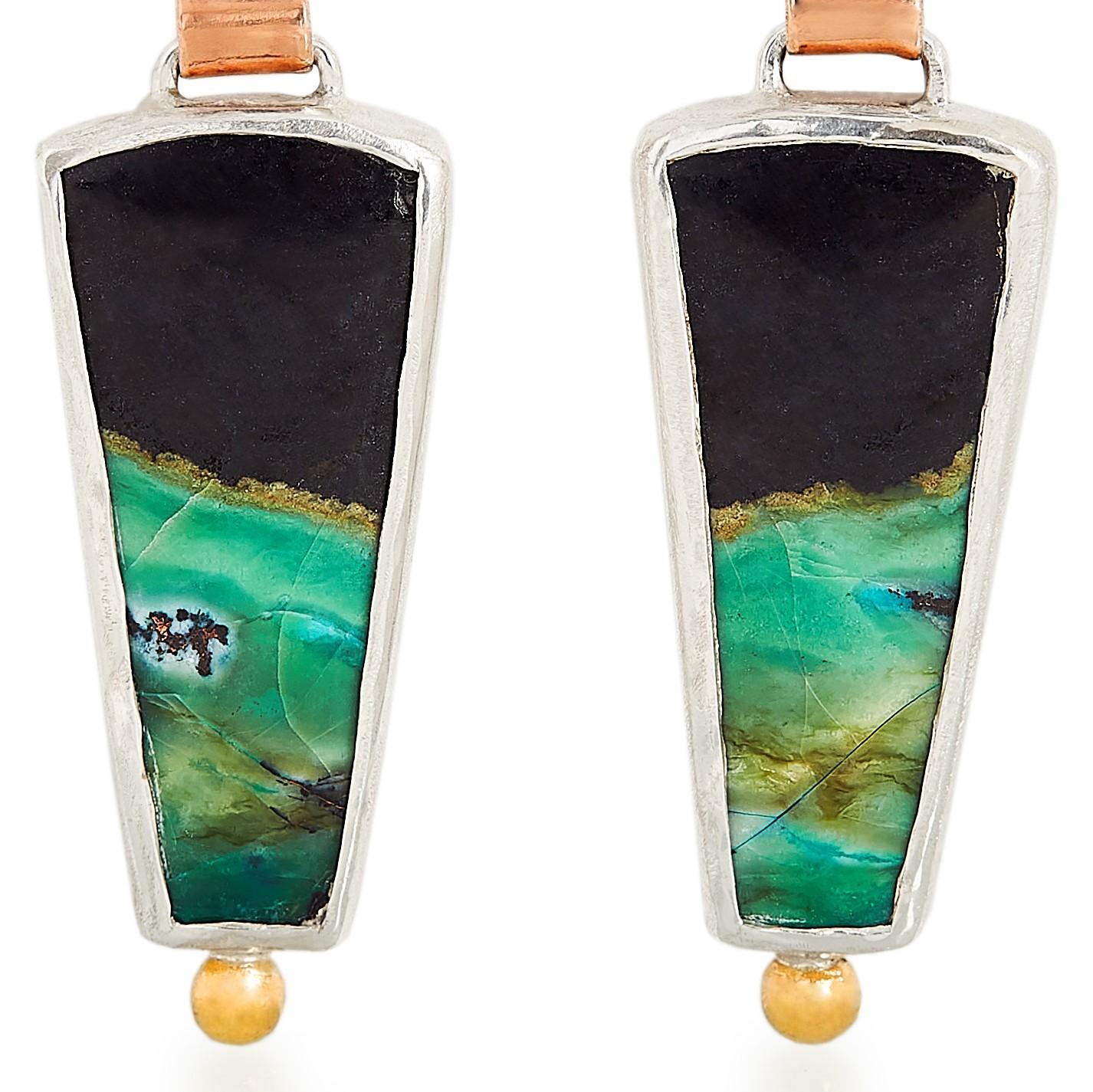 Artisan Dangle Fish Earrings with Opalized Wood Stones, Yellow, Rose Gold and Silver  