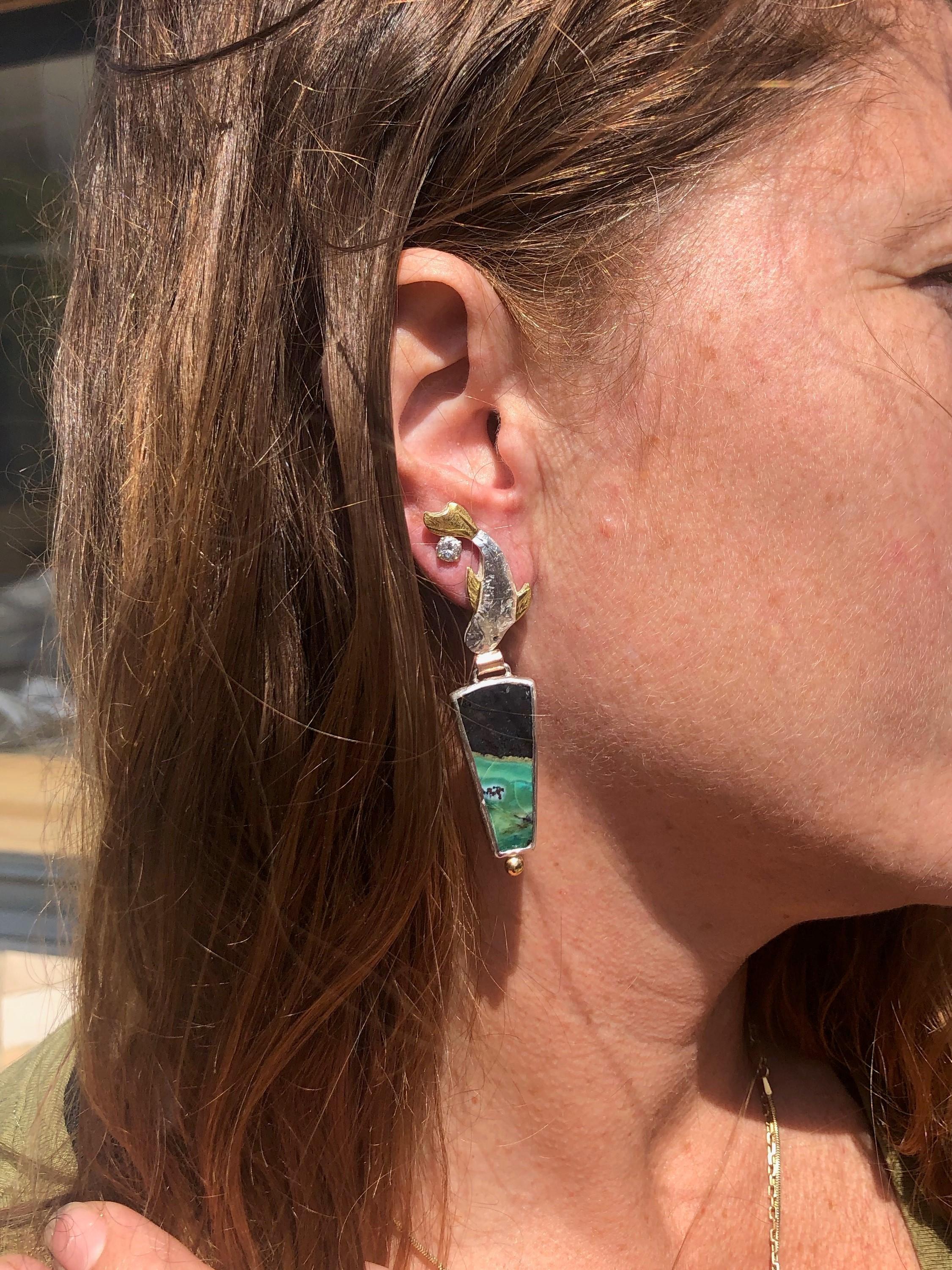 Women's Dangle Fish Earrings with Opalized Wood Stones, Yellow, Rose Gold and Silver  