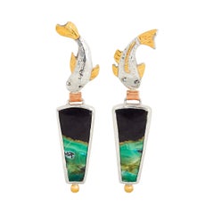 Dangle Fish Earrings with Opalized Wood Stones, Yellow, Rose Gold and Silver  