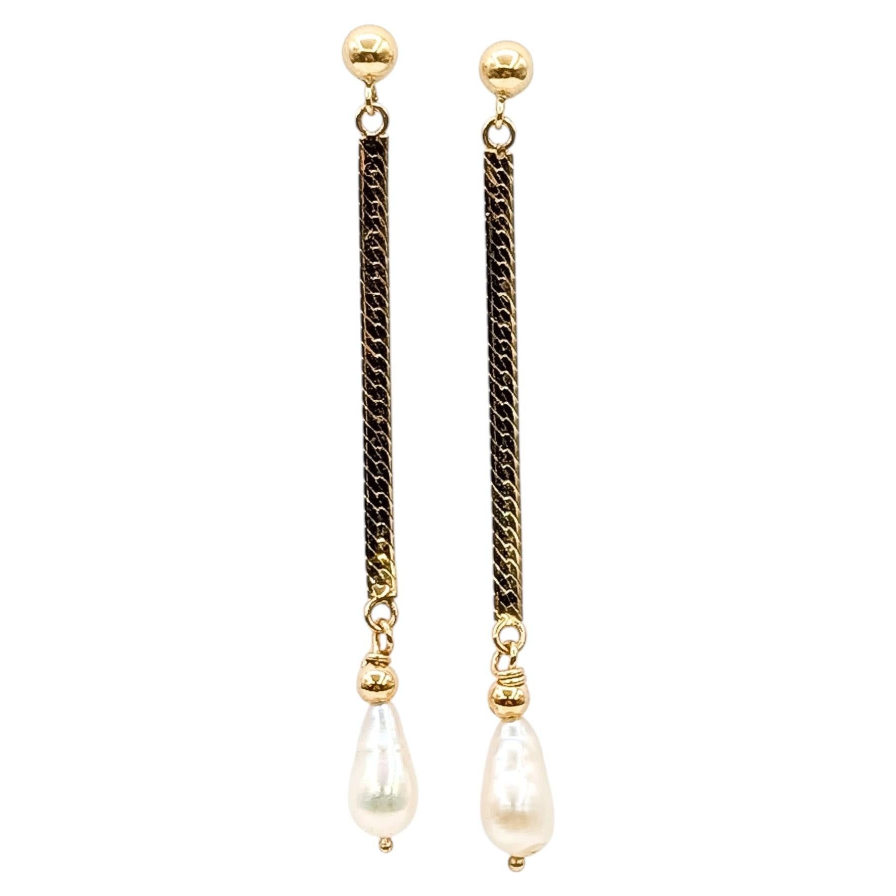 Dangle Freshwater Pearl Earrings in 14k Yellow Gold For Sale