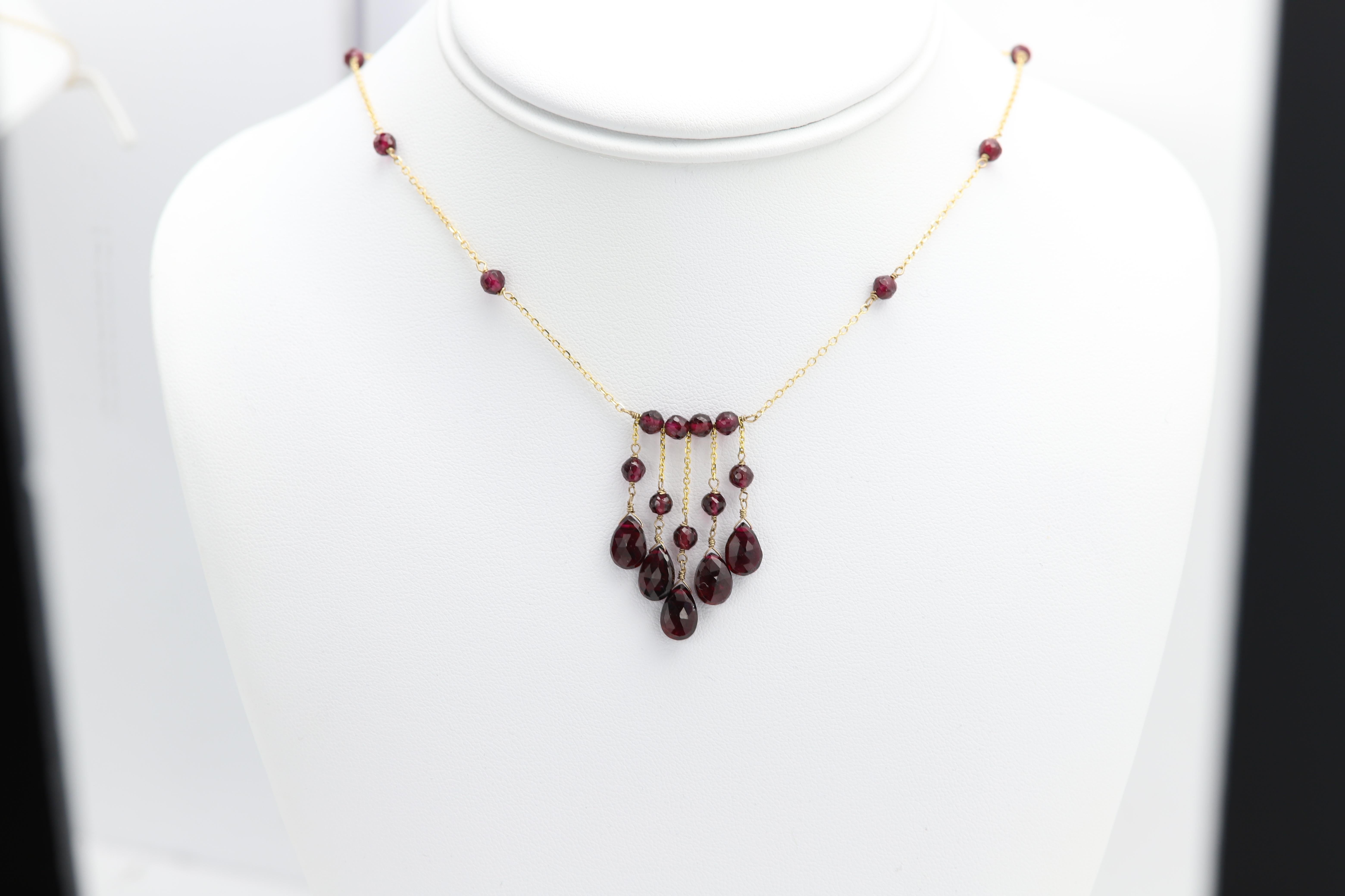 Dangle Granat-Halskette Perlen 14 Karat Gelbgold baumelnde Perlen natürliche Edelsteine 008 (Briolette) im Angebot