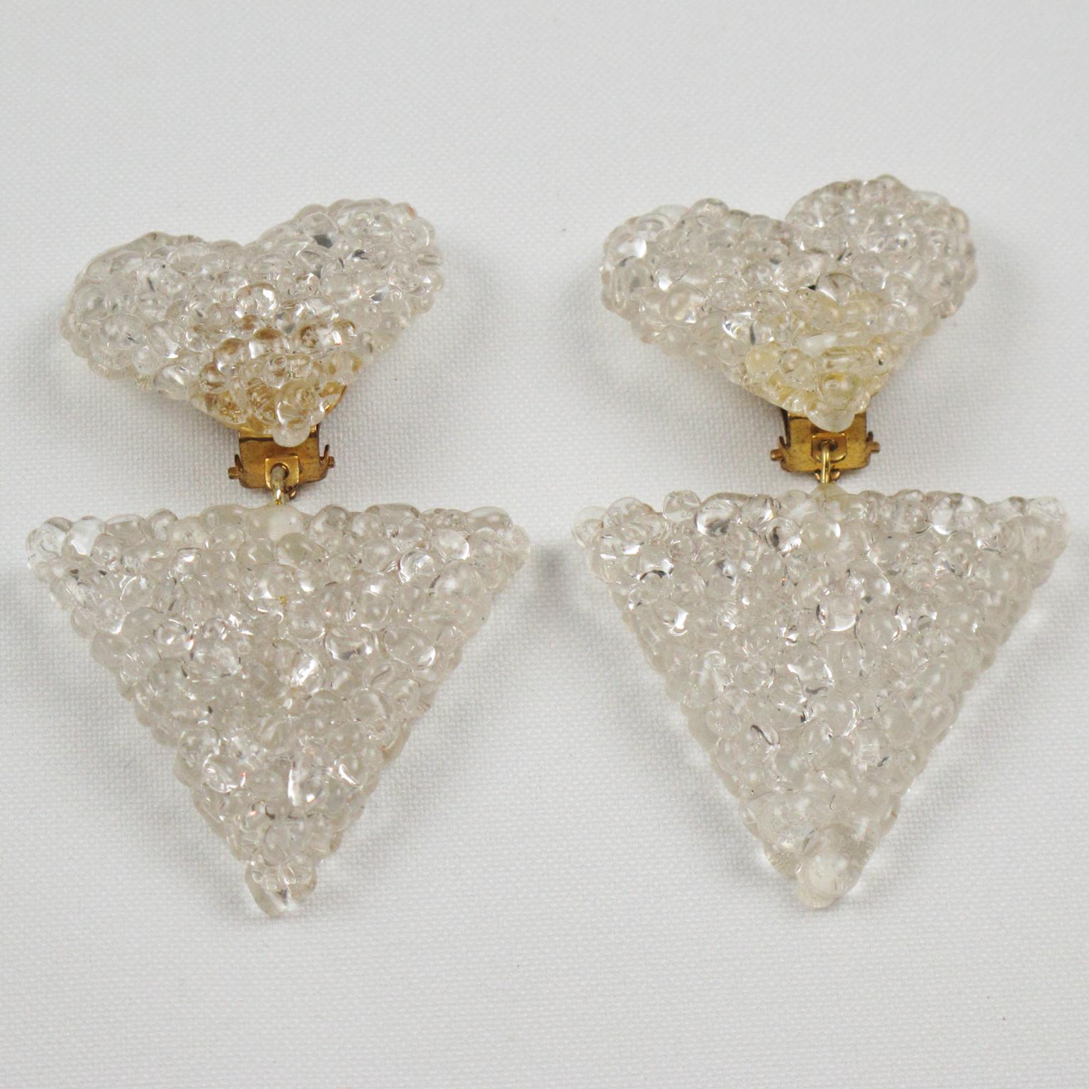 Dangle Heart Lucite Clip Earrings 1