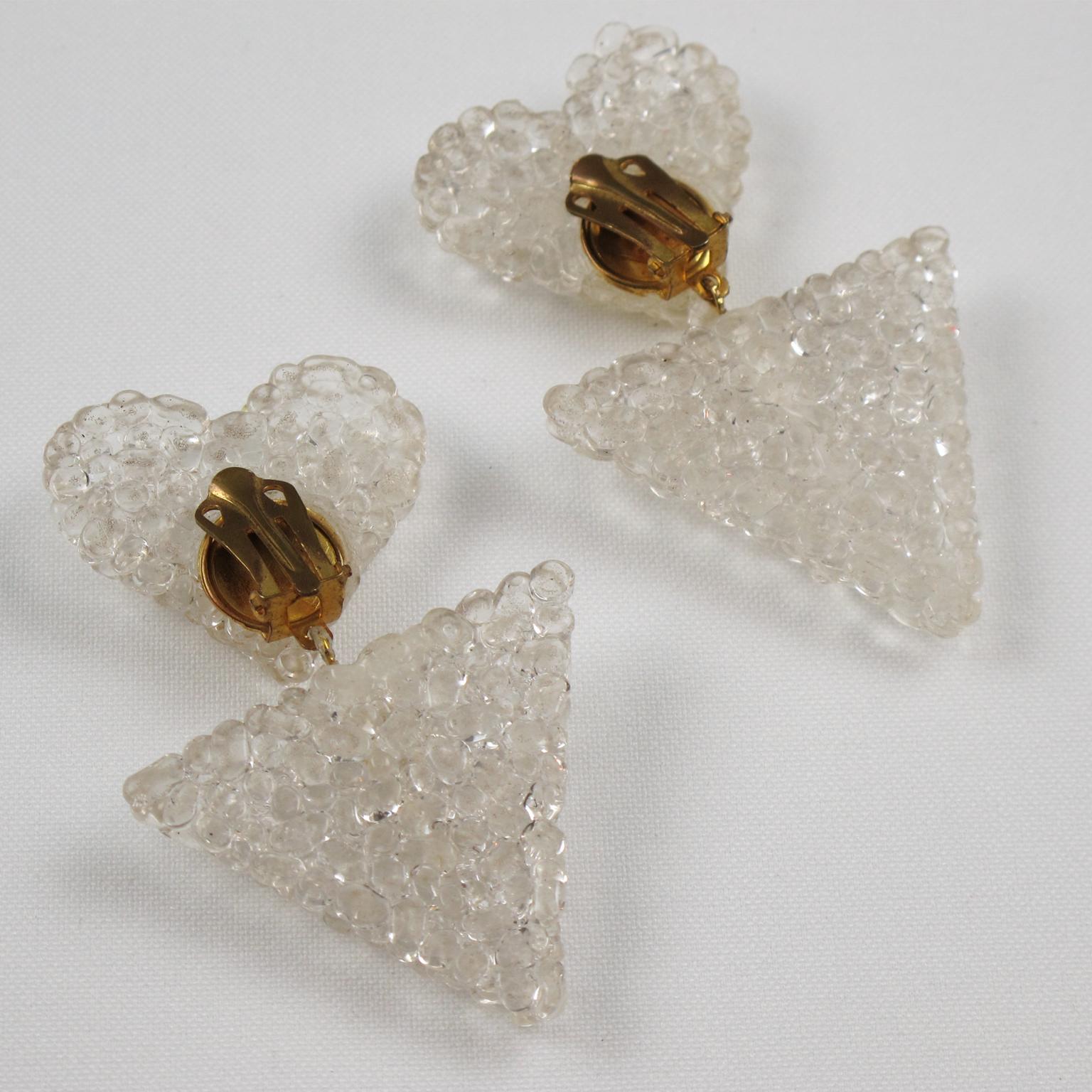 Dangle Heart Lucite Clip Earrings 2