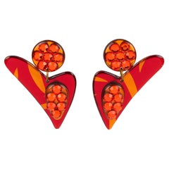 Vintage Dangle Jeweled Lucite Pierced Earrings Flame Red and Orange