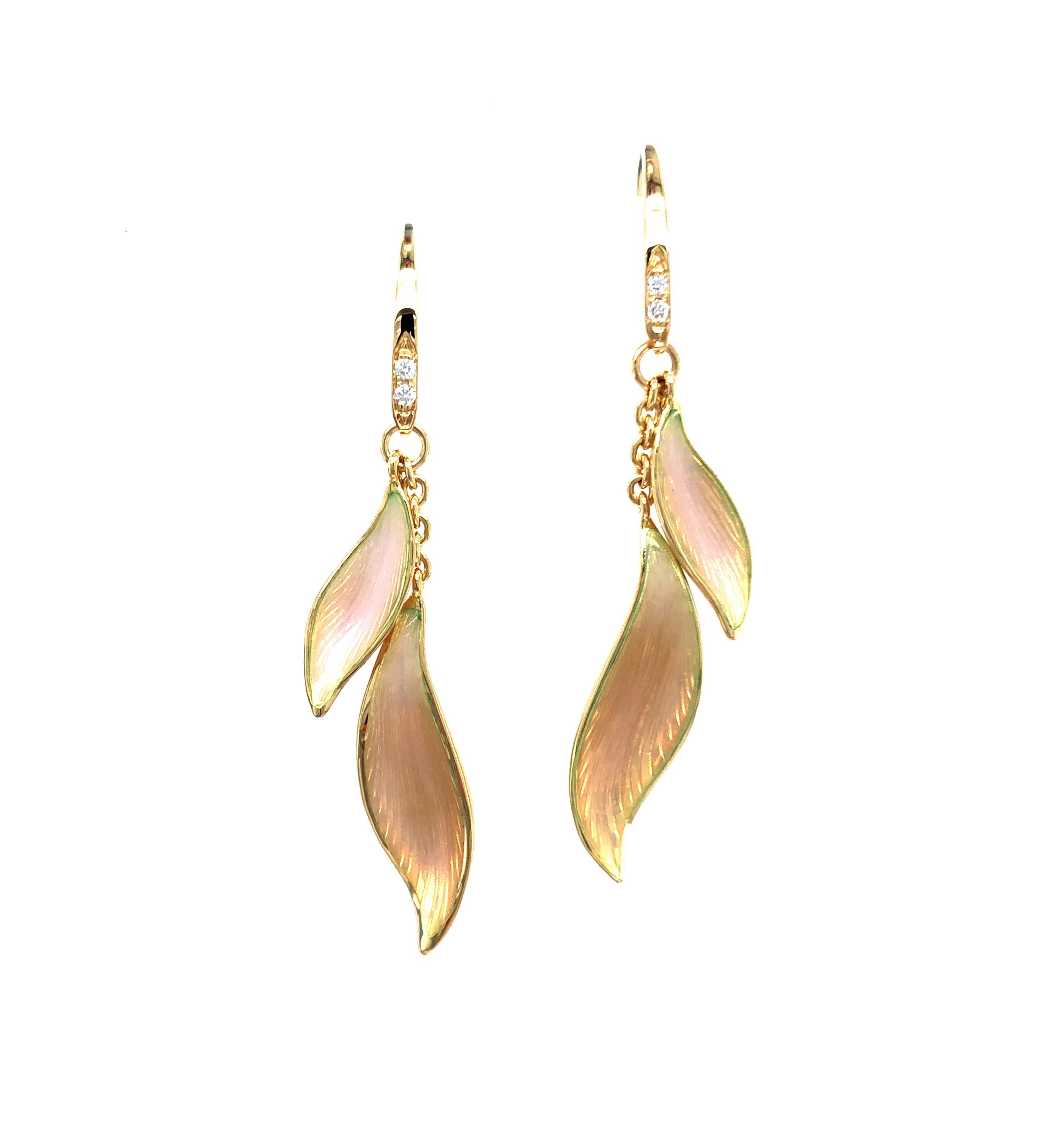 Victor Mayer leave shaped dangle earrings 18k yellow gold, Serenade Collection, translucent opalescent pink vitreous enamel, 4 diamonds, total 0.04 ct, G VS, brilliant cut, measurements length app. 47 mm, leave app. 26 mm x 18 mm

About the creator