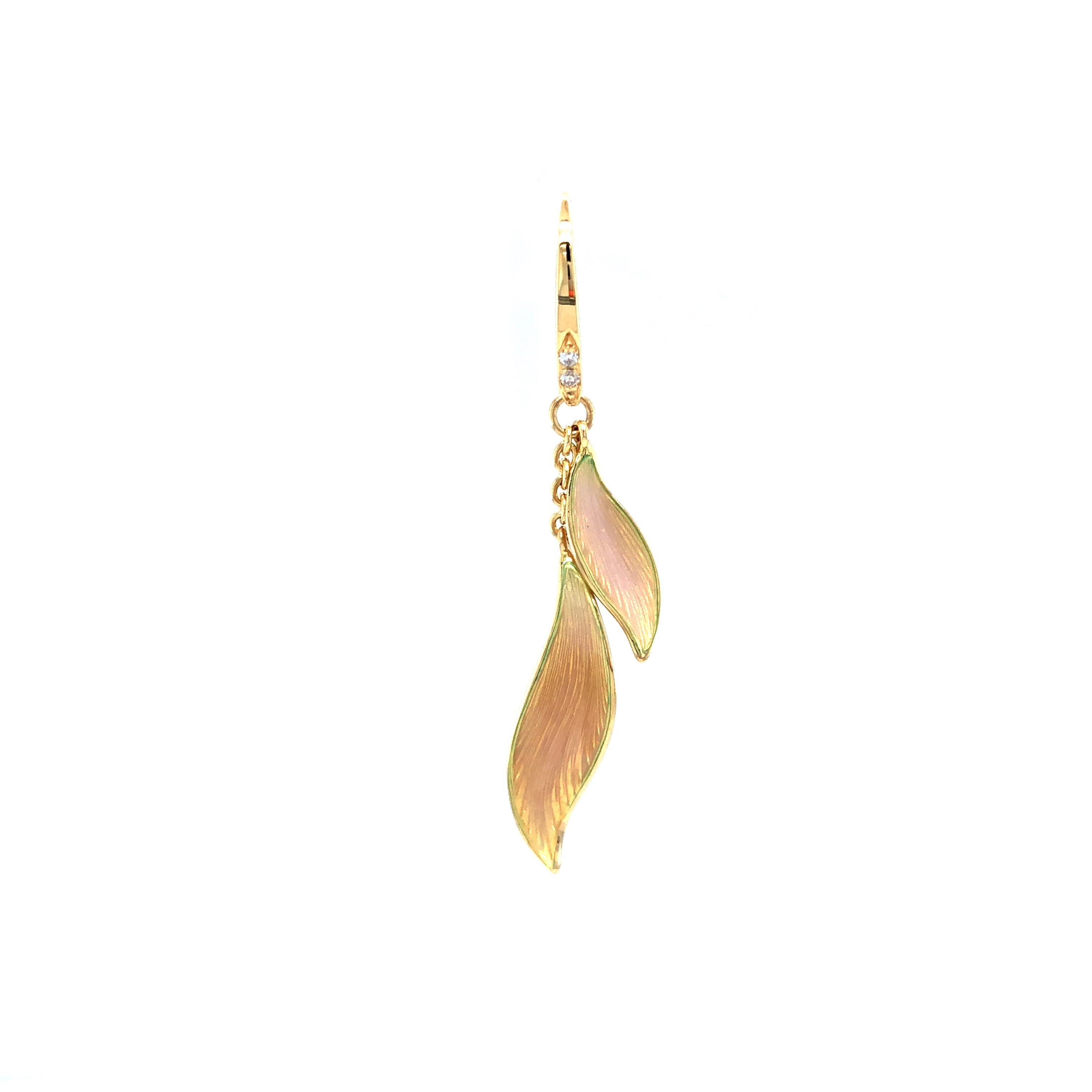 Brilliant Cut Dangle Leave Earrings 18k Yellow Gold Opalescent Pink Enamel 4 Diamonds 0.04ct For Sale