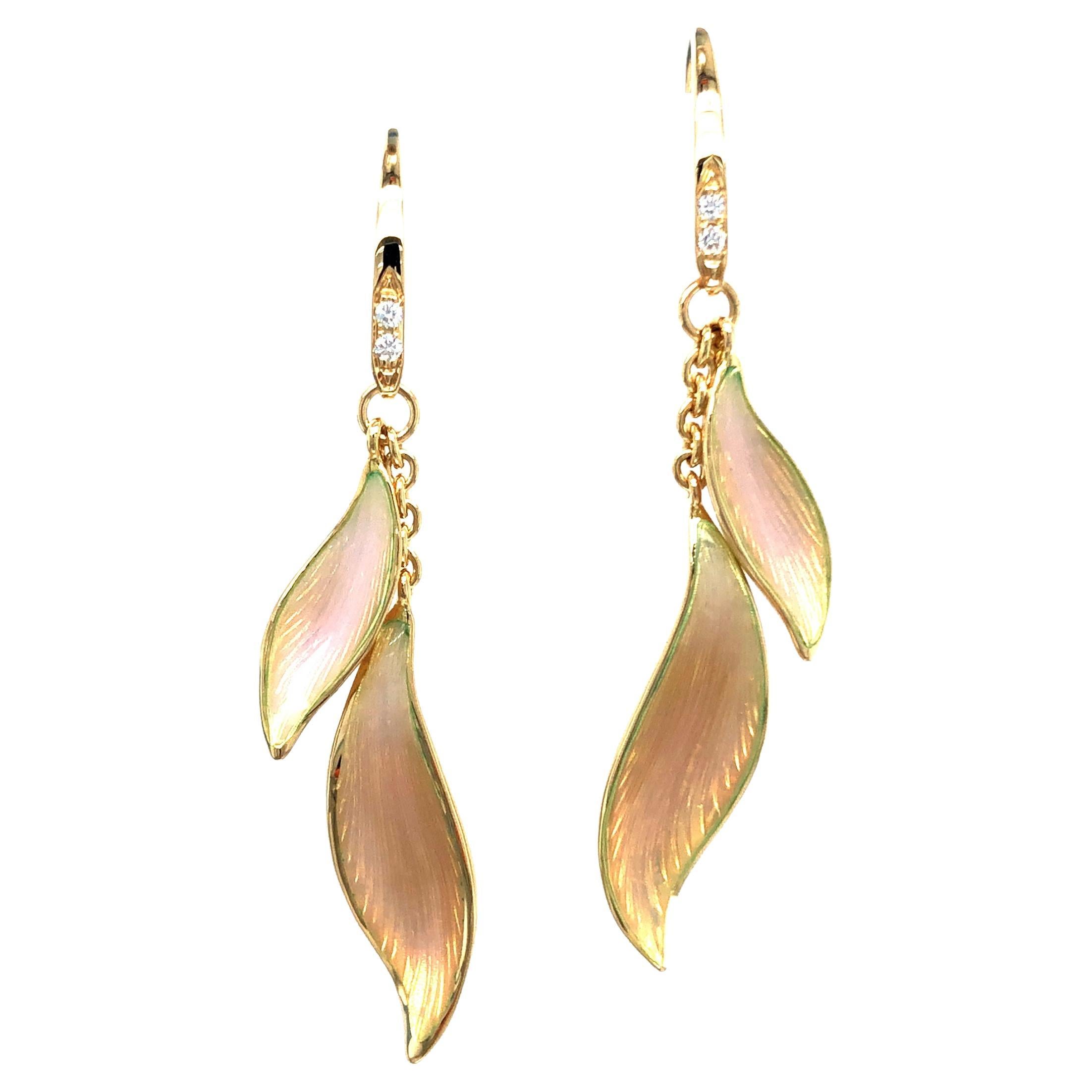 Dangle Leave Earrings 18k Yellow Gold Opalescent Pink Enamel 4 Diamonds 0.04ct