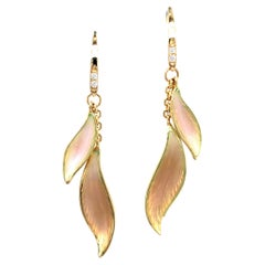 Dangle Leave Earrings 18k Yellow Gold Opalescent Pink Enamel 4 Diamonds 0.04ct