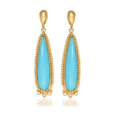 Dangle Long Earrings Hammering Granulation with Turquoises & Diamonds 22Kt Gold