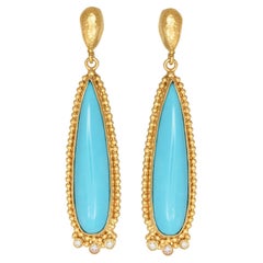 Dangle Long Earrings Hammering Granulation with Turquoises & Diamonds 22Kt Gold