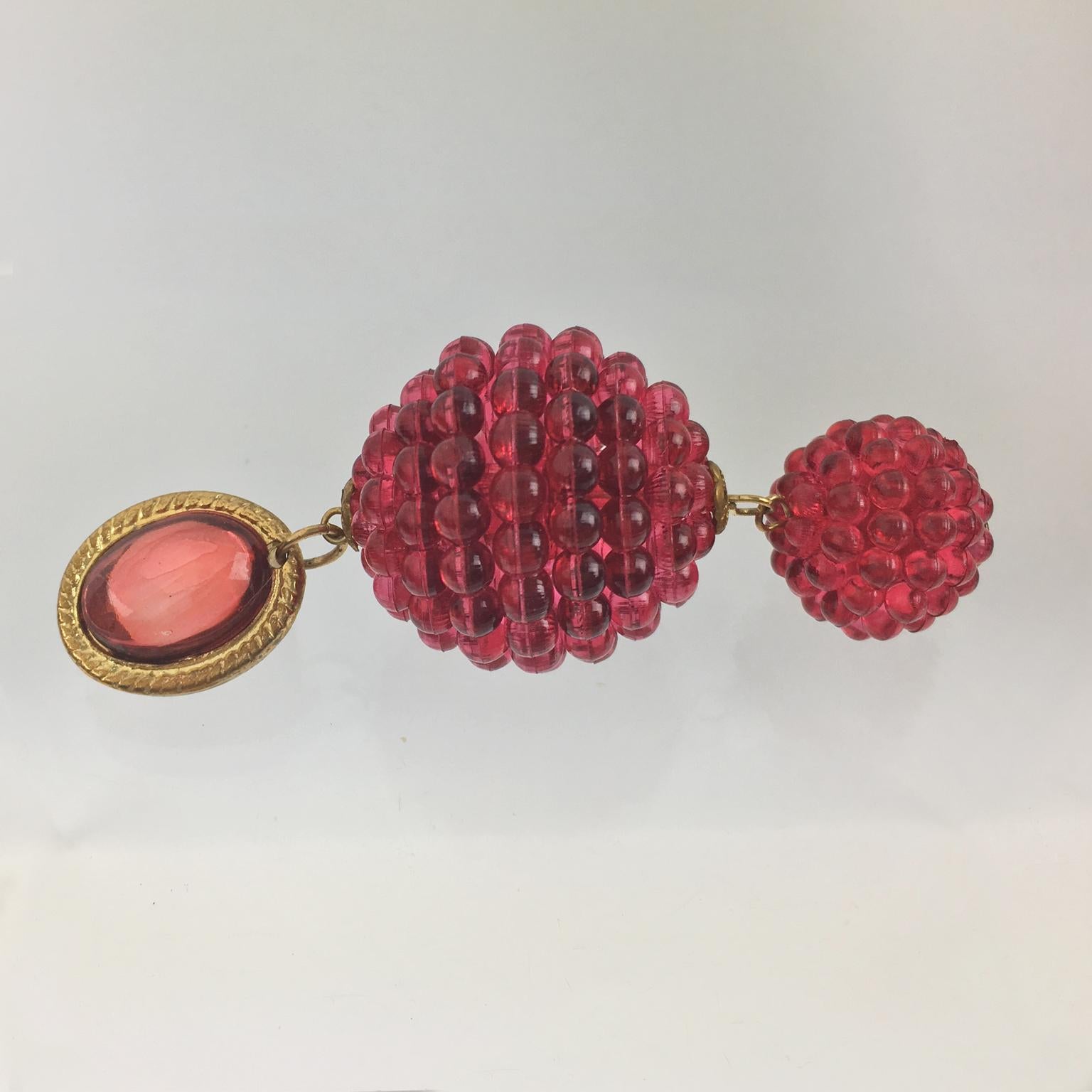 Women's or Men's Dangle Lucite Clip Earrings Fuchsia Pink Raspberry Design For Sale
