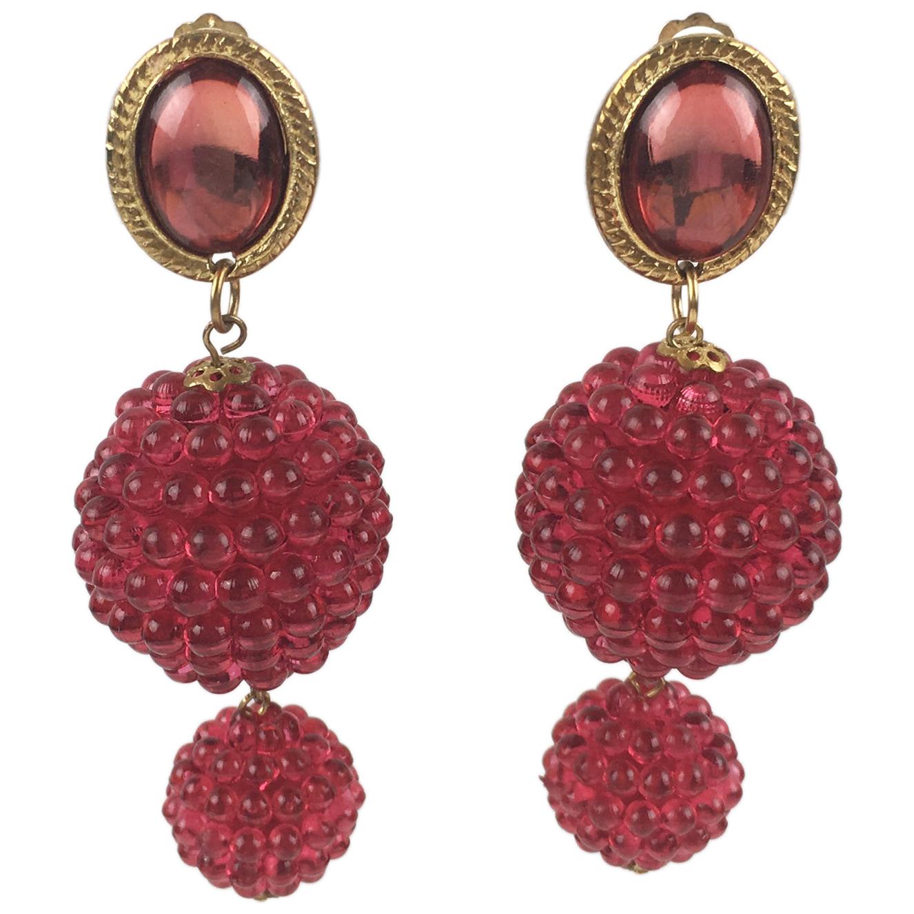 Dangle Lucite Clip Earrings Fuchsia Pink Raspberry Design For Sale