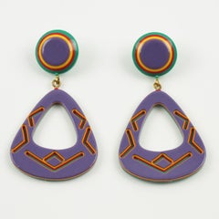 Dangle Lucite Pierced Earrings Purple and Yellow Tribal Design