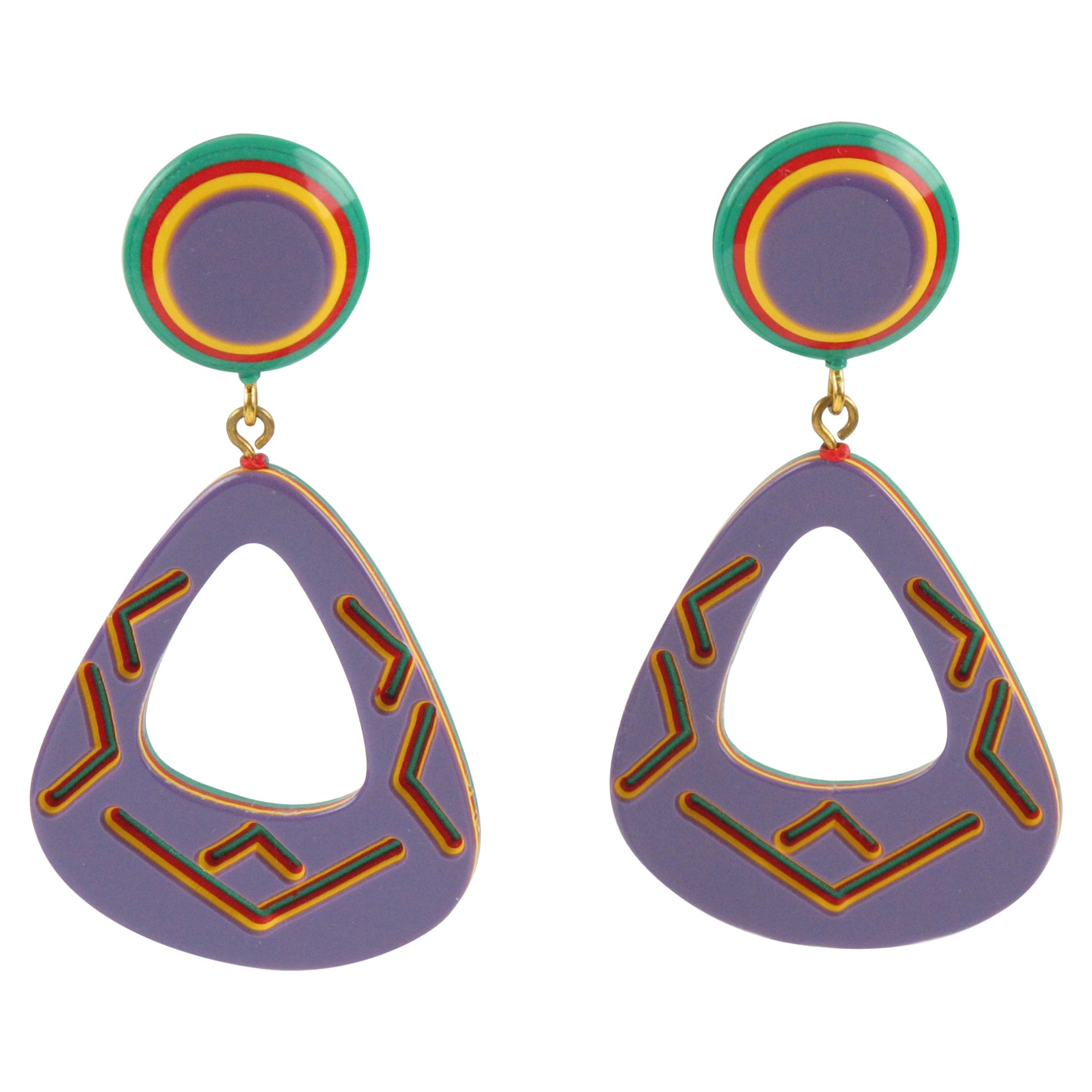 Pendientes colgantes perforados de lucita Diseño tribal morado y amarillo en venta