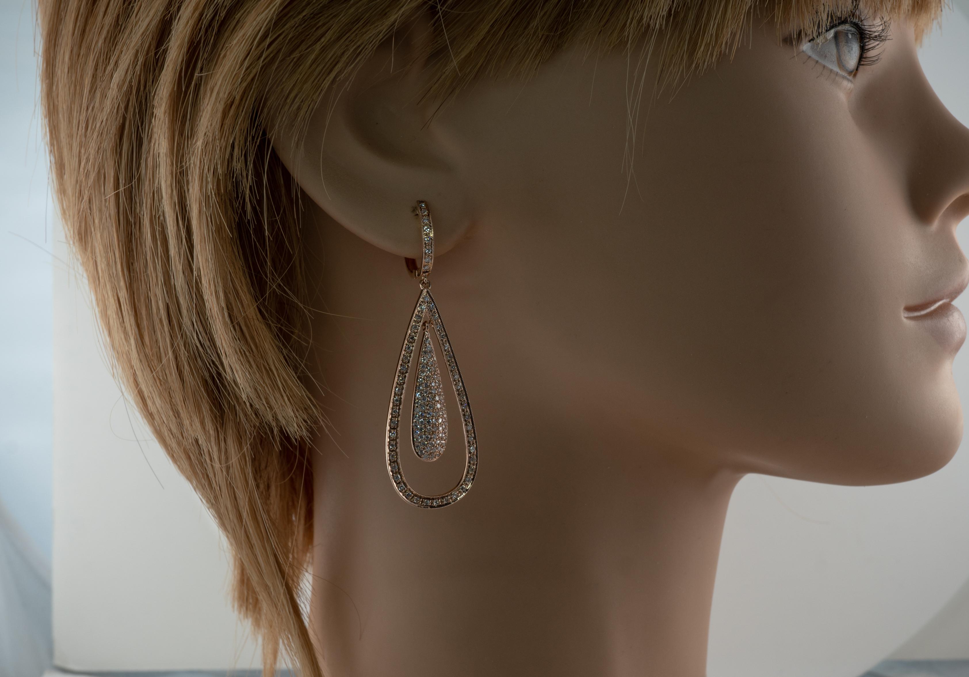 Dangle Natural Diamond Earrings 14K Rose Gold Teardrop 2.60 TDW For Sale 6