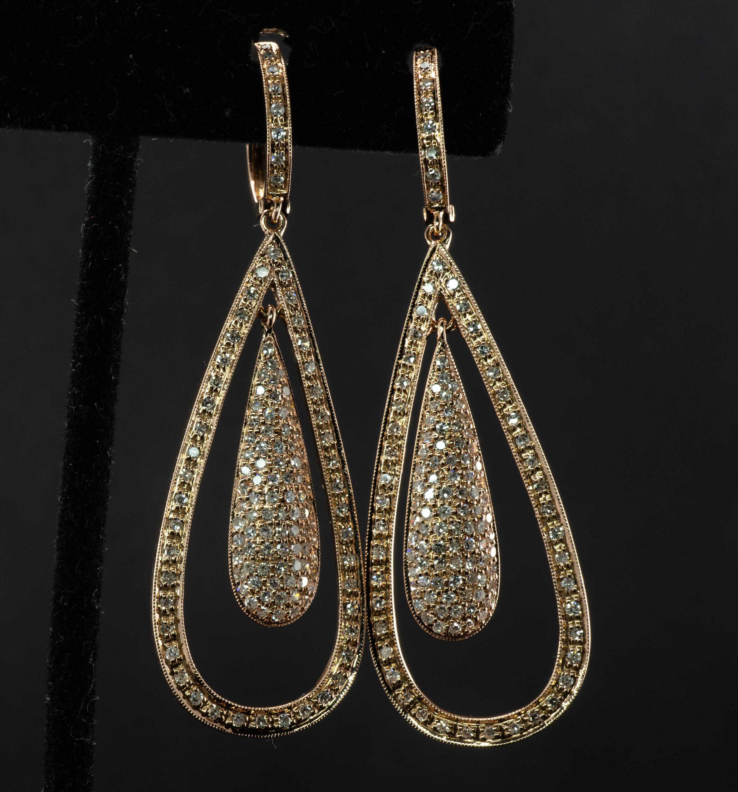 Women's Dangle Natural Diamond Earrings 14K Rose Gold Teardrop 2.60 TDW For Sale