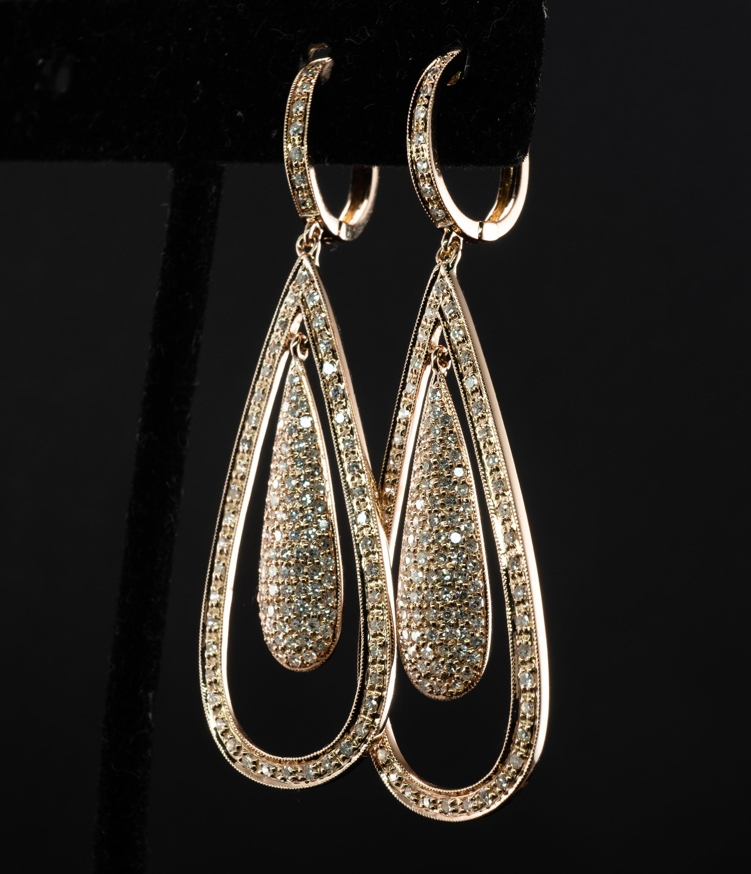 Dangle Natural Diamond Earrings 14K Rose Gold Teardrop 2.60 TDW For Sale 2