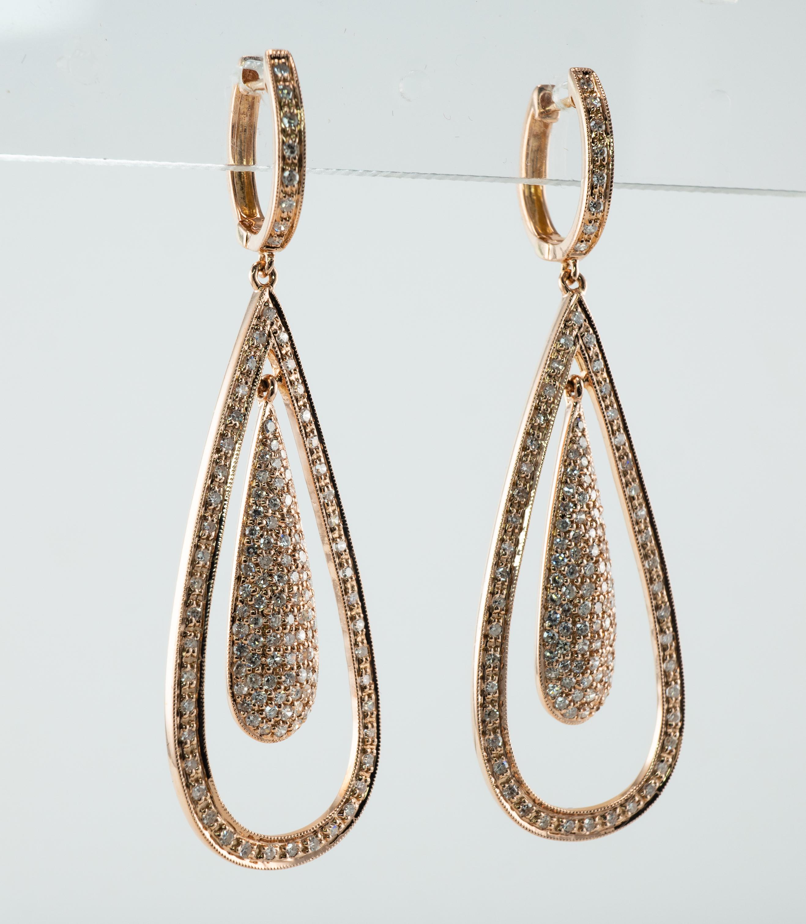 Dangle Natural Diamond Earrings 14K Rose Gold Teardrop 2.60 TDW For Sale 3