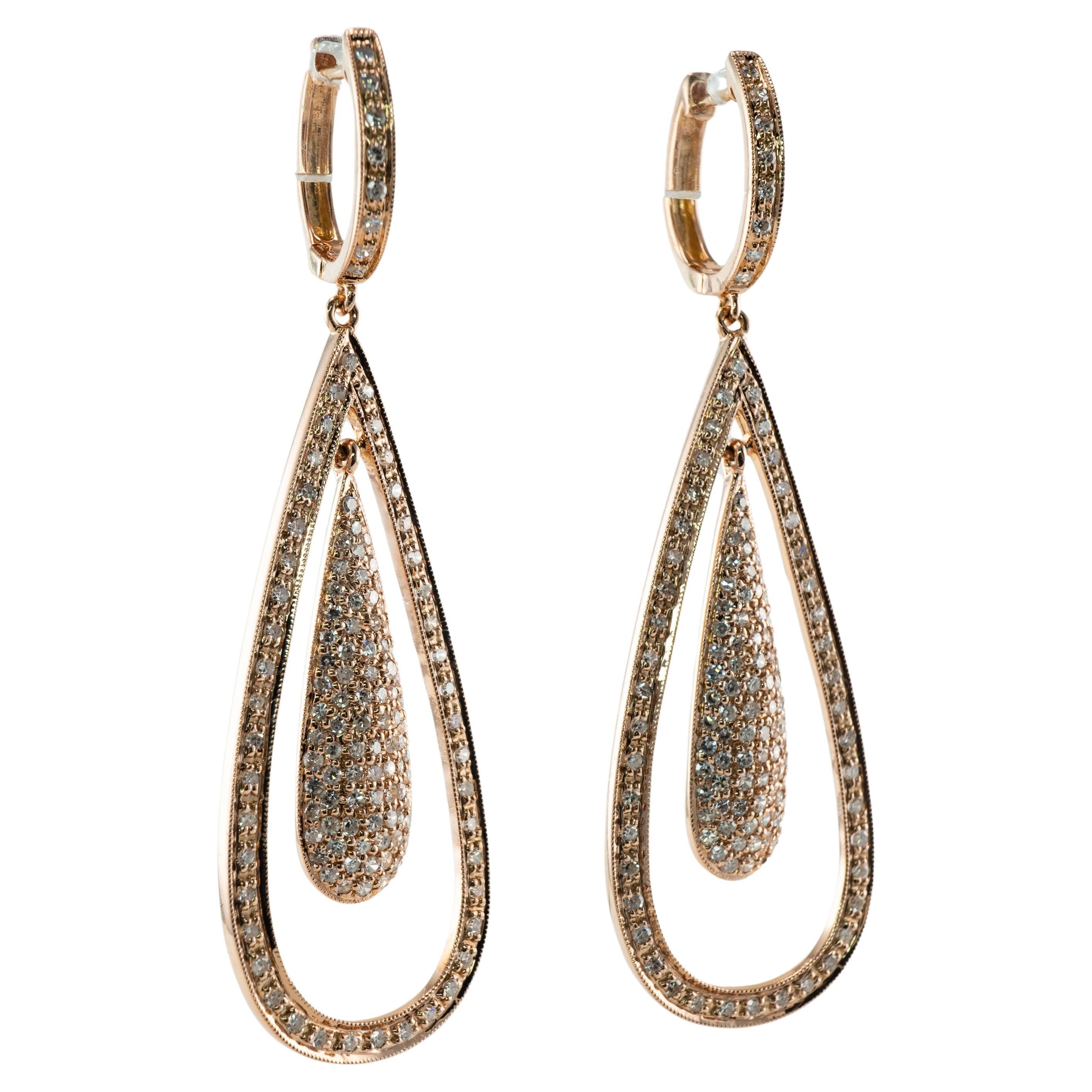Dangle Natural Diamond Earrings 14K Rose Gold Teardrop 2.60 TDW For Sale