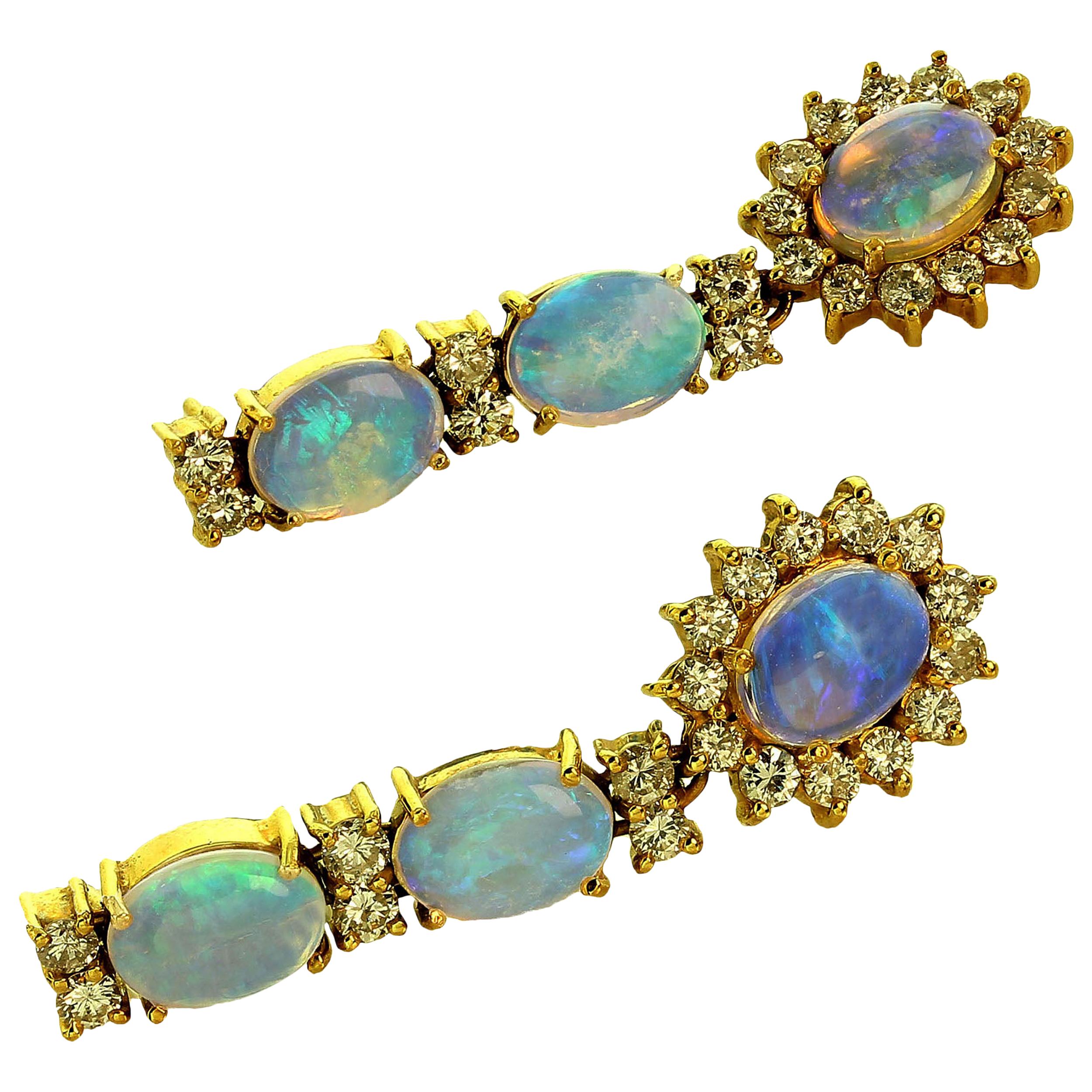 Cabochon AJD Dangle Opal and Diamond 18 Karat Yellow Gold Earrings