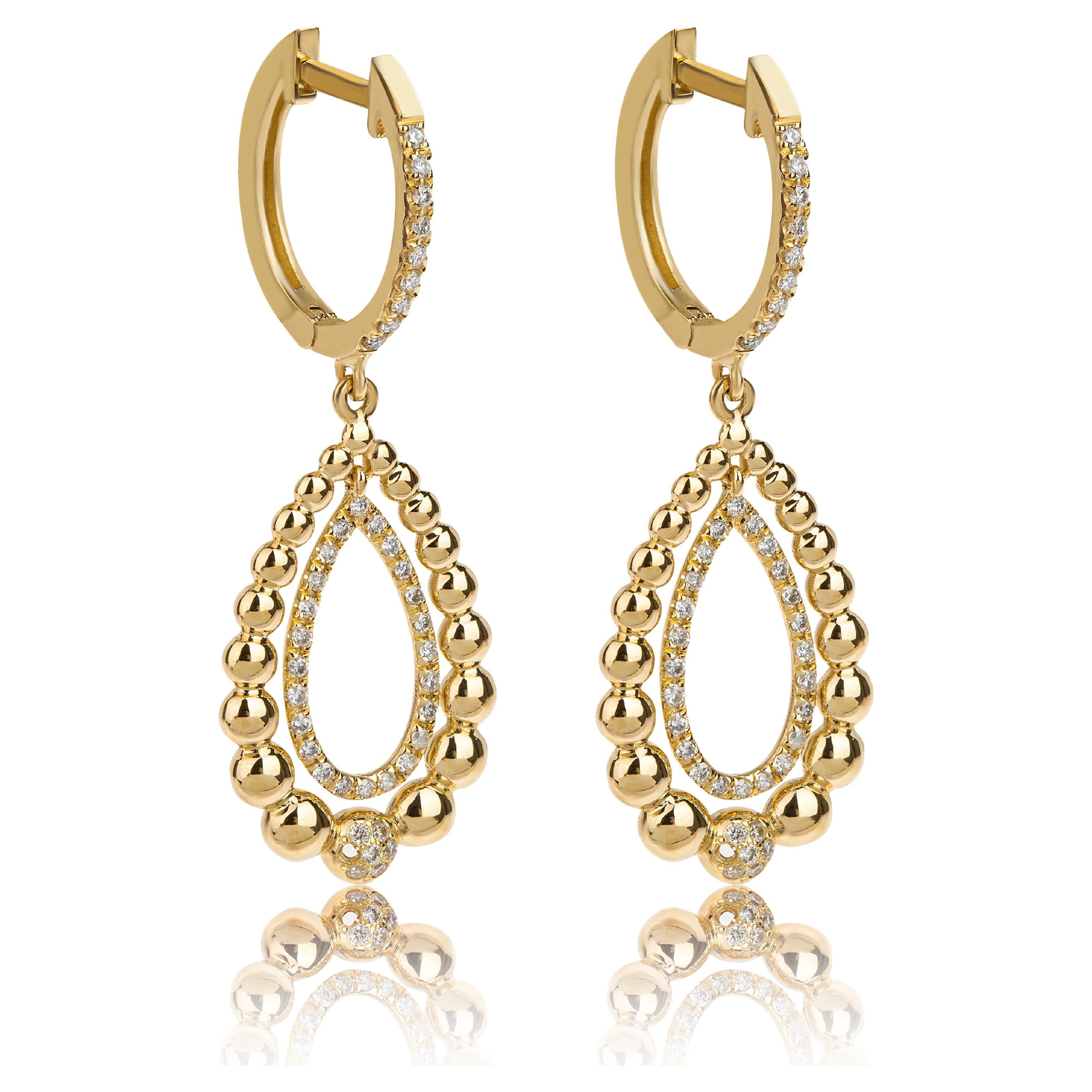 Dangle Pear Shape Graduated Earrings Granulation with Diamonds 18Kt Yellow Gold For Sale