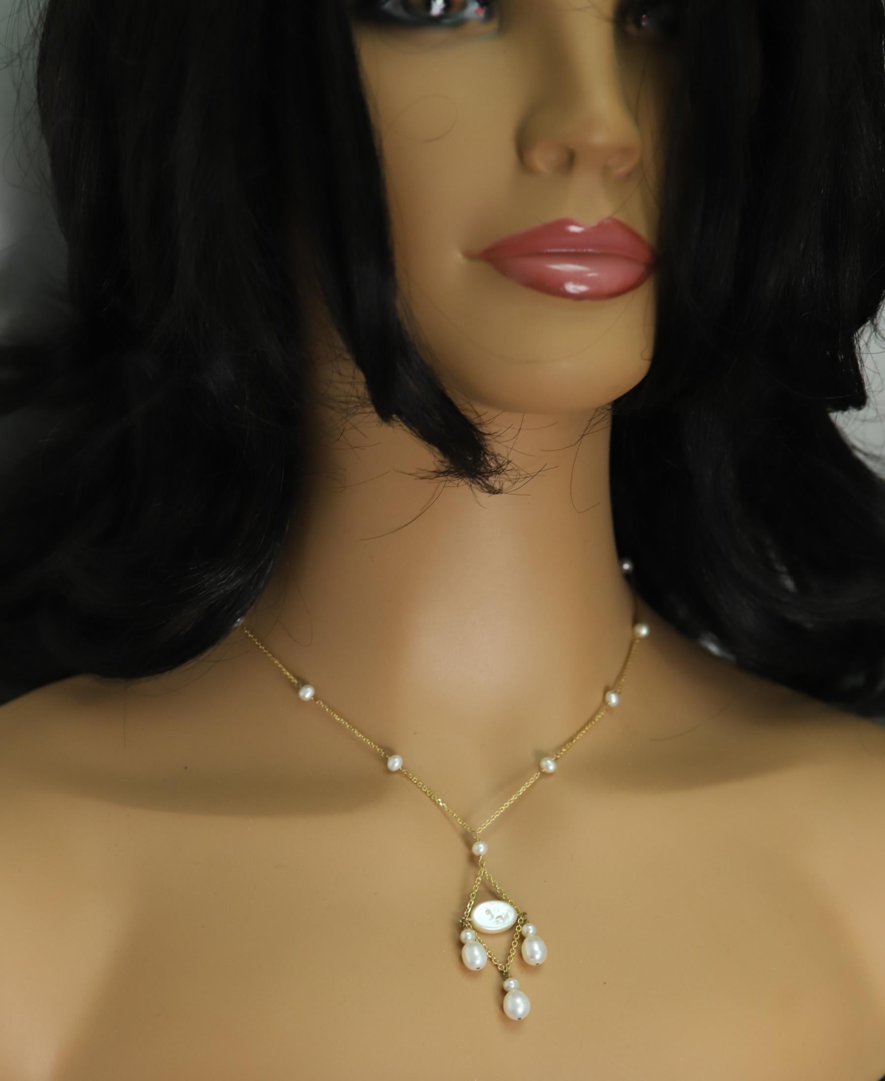Dangle Pearl Necklace 14 Karat Yellow Gold Bead Pearls Dangling For Sale 4