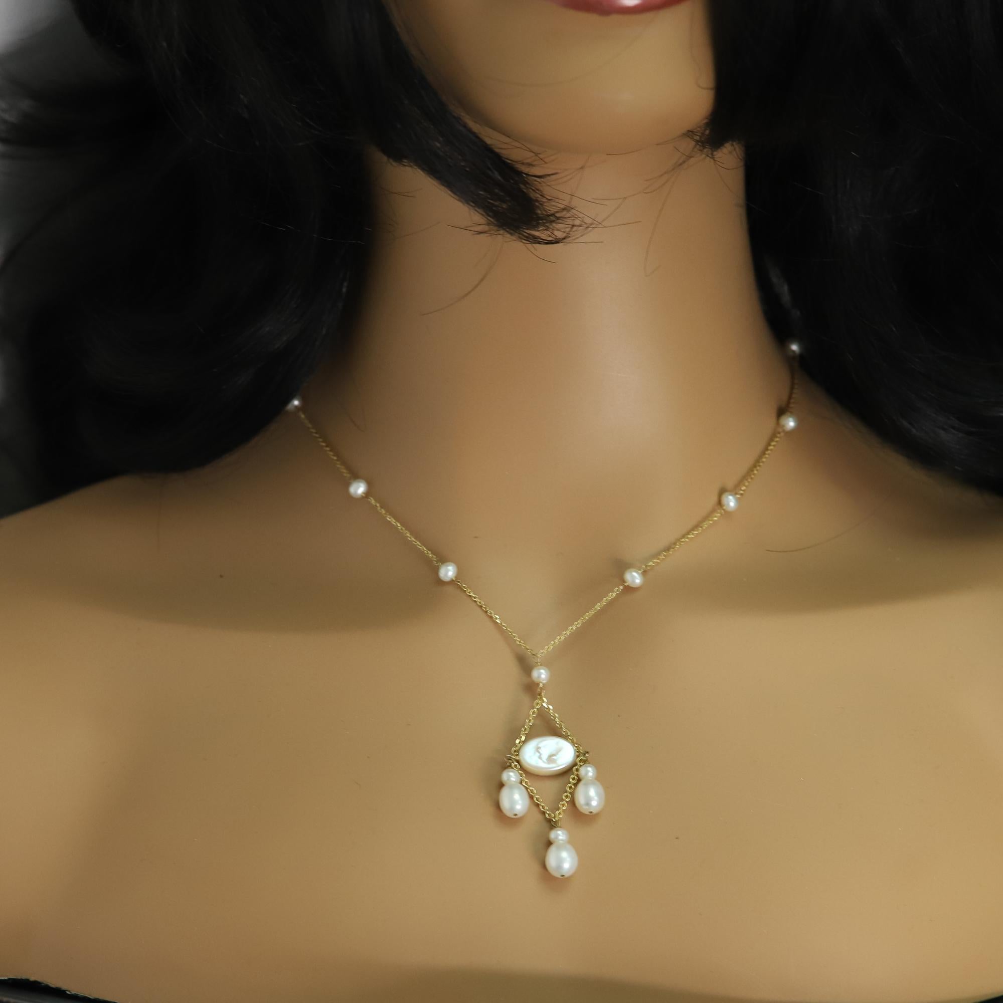 Dangle Pearl Necklace 14 Karat Yellow Gold Bead Pearls Dangling For Sale 5
