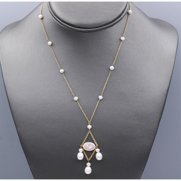 Dangle Pearl Necklace 14 Karat Yellow Gold Bead Pearls Dangling For Sale at 1stDibs