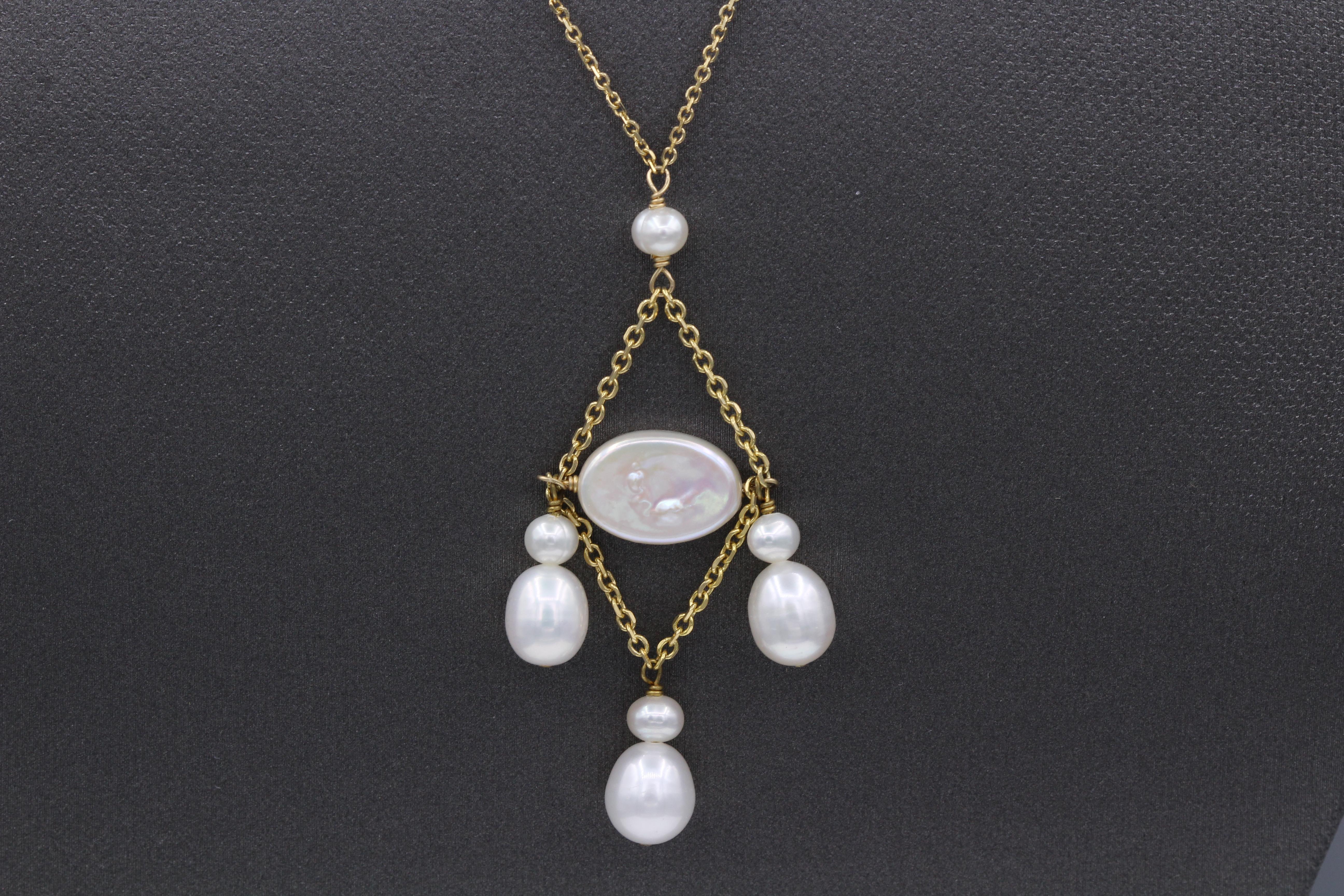 Collier de perles pendantes en or jaune 14 carats et perles pendantes Neuf - En vente à Brooklyn, NY